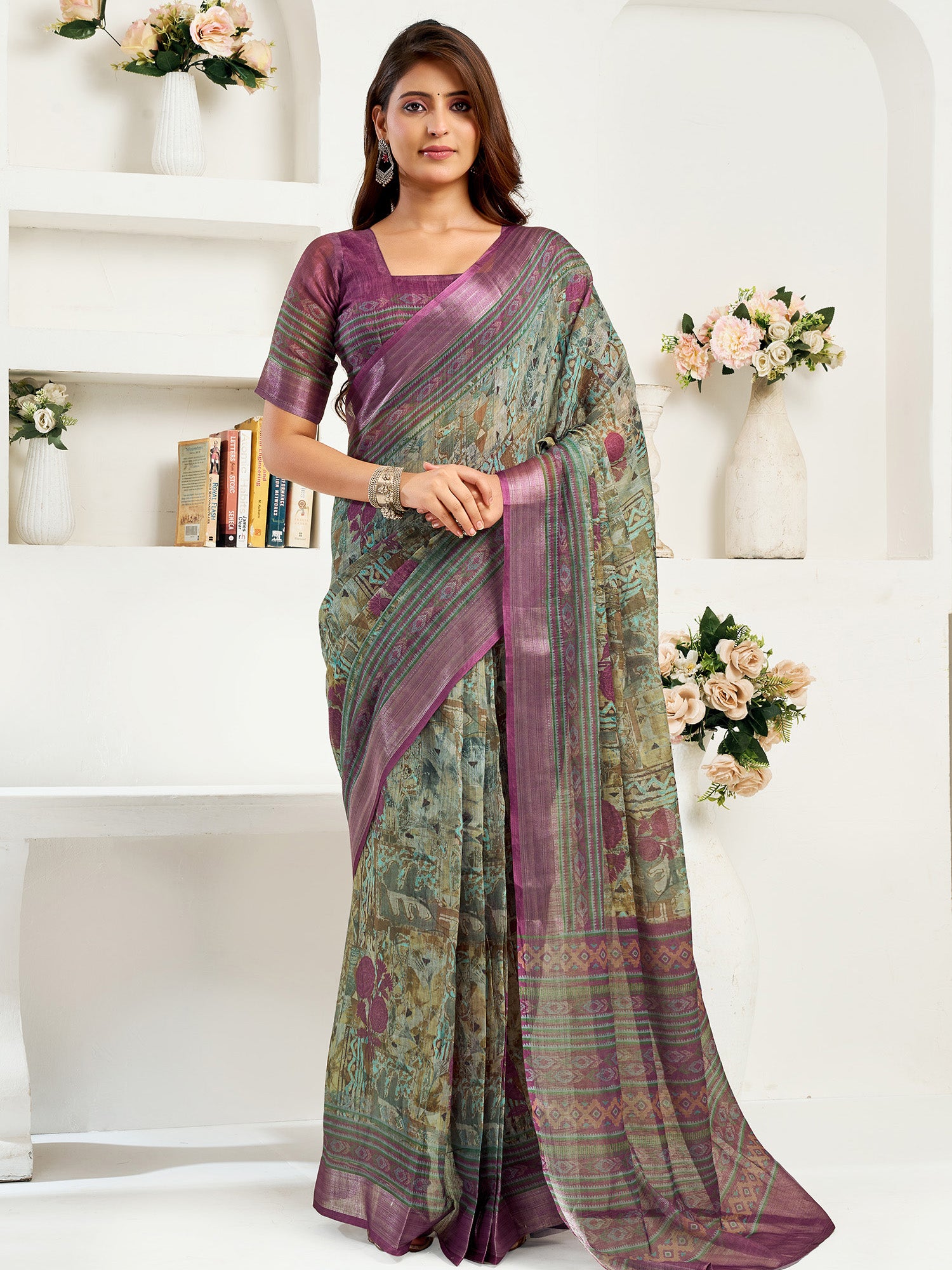 Women Multicoloured Linen Ikkat & Floral Saree