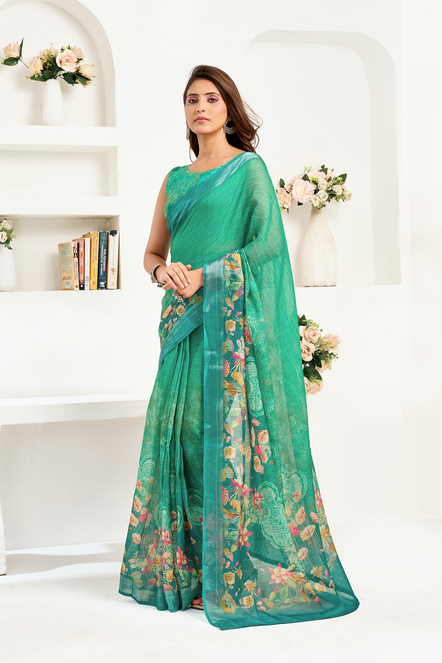 Women Rama Green Linen Floral Saree