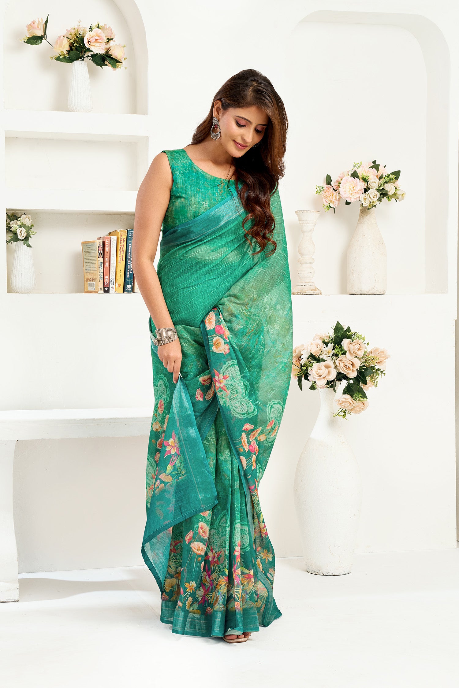 Women Rama Green Linen Floral Saree