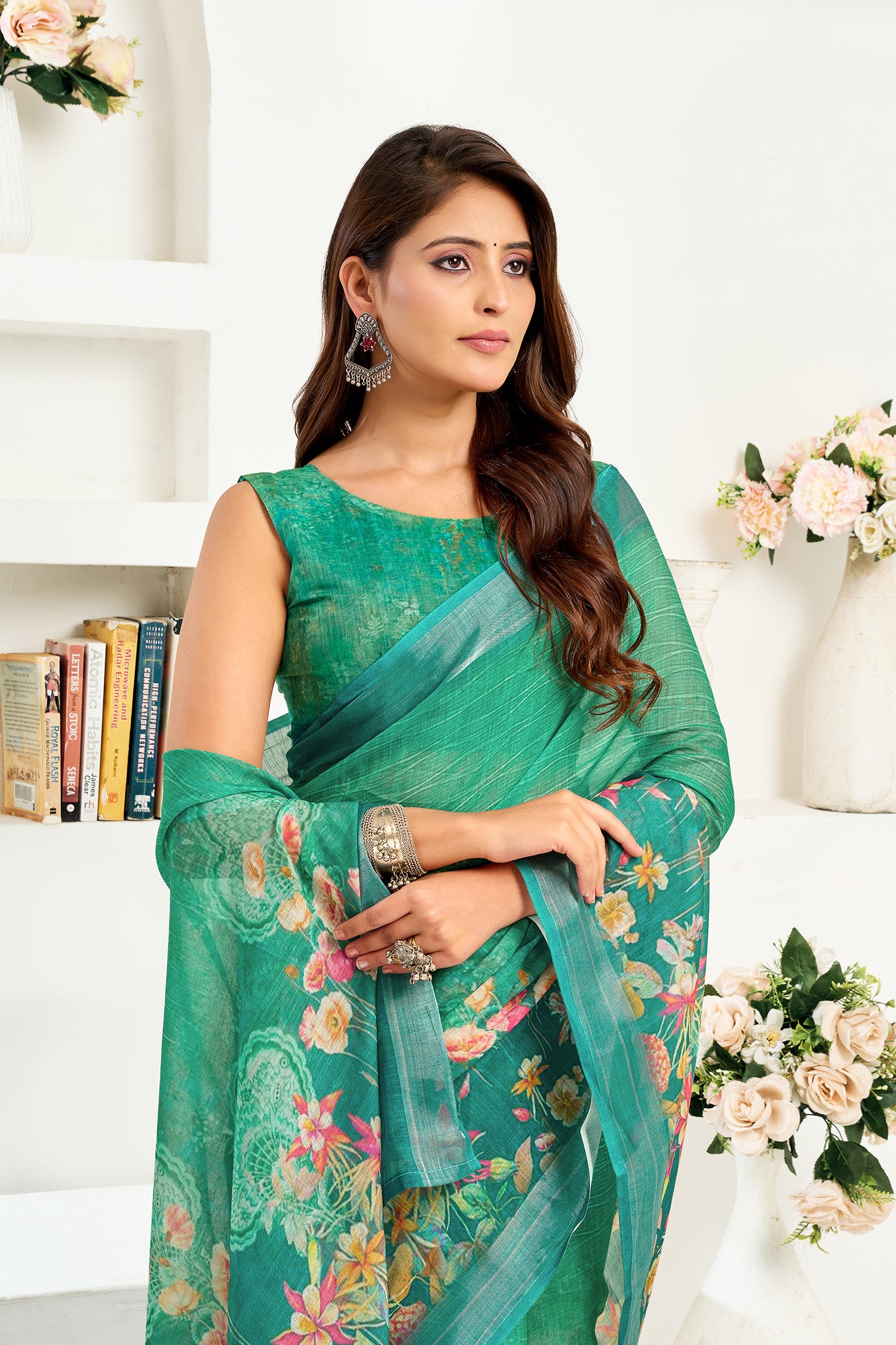 Women Rama Green Linen Floral Saree