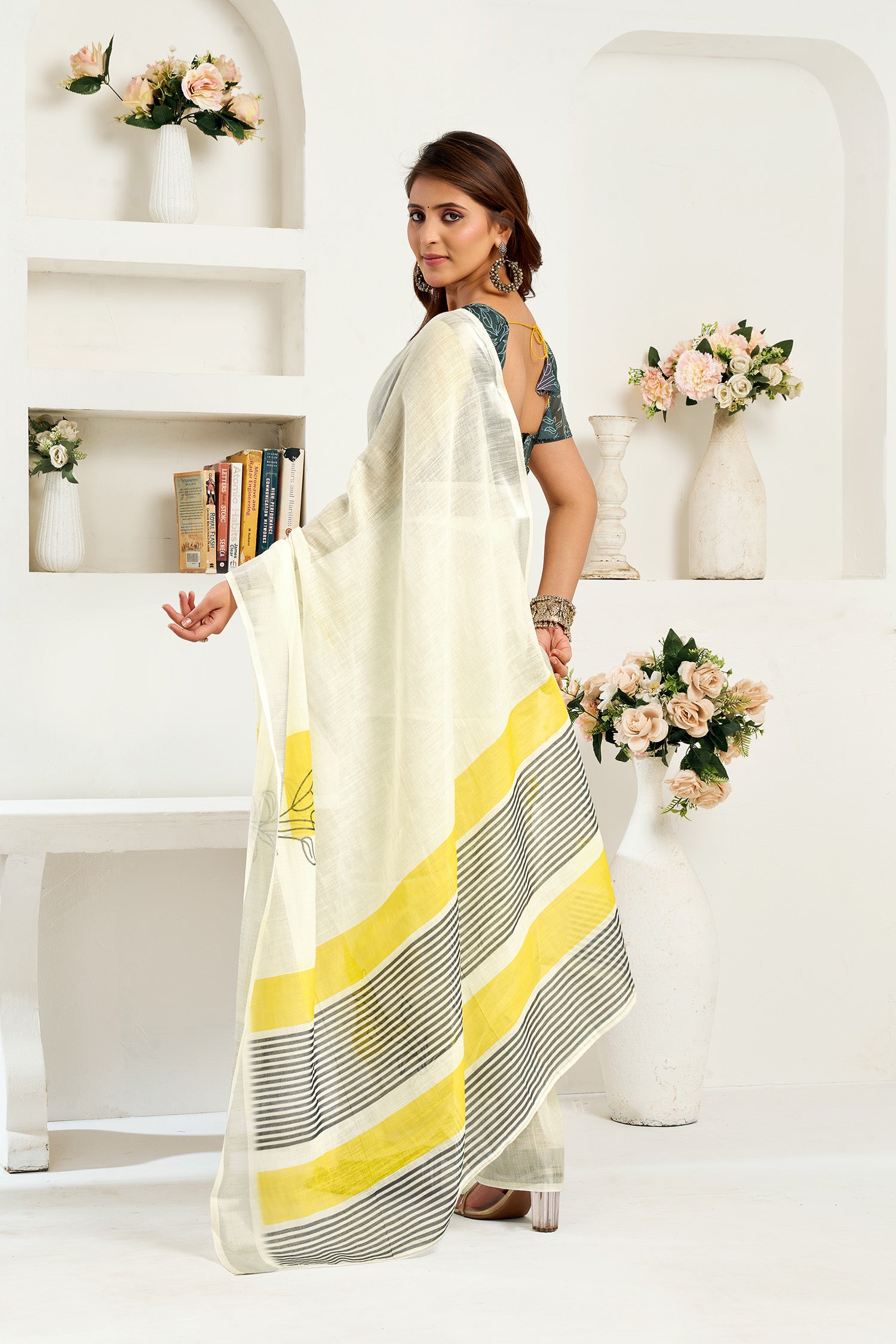 Women Off-white Linen Striped Saree