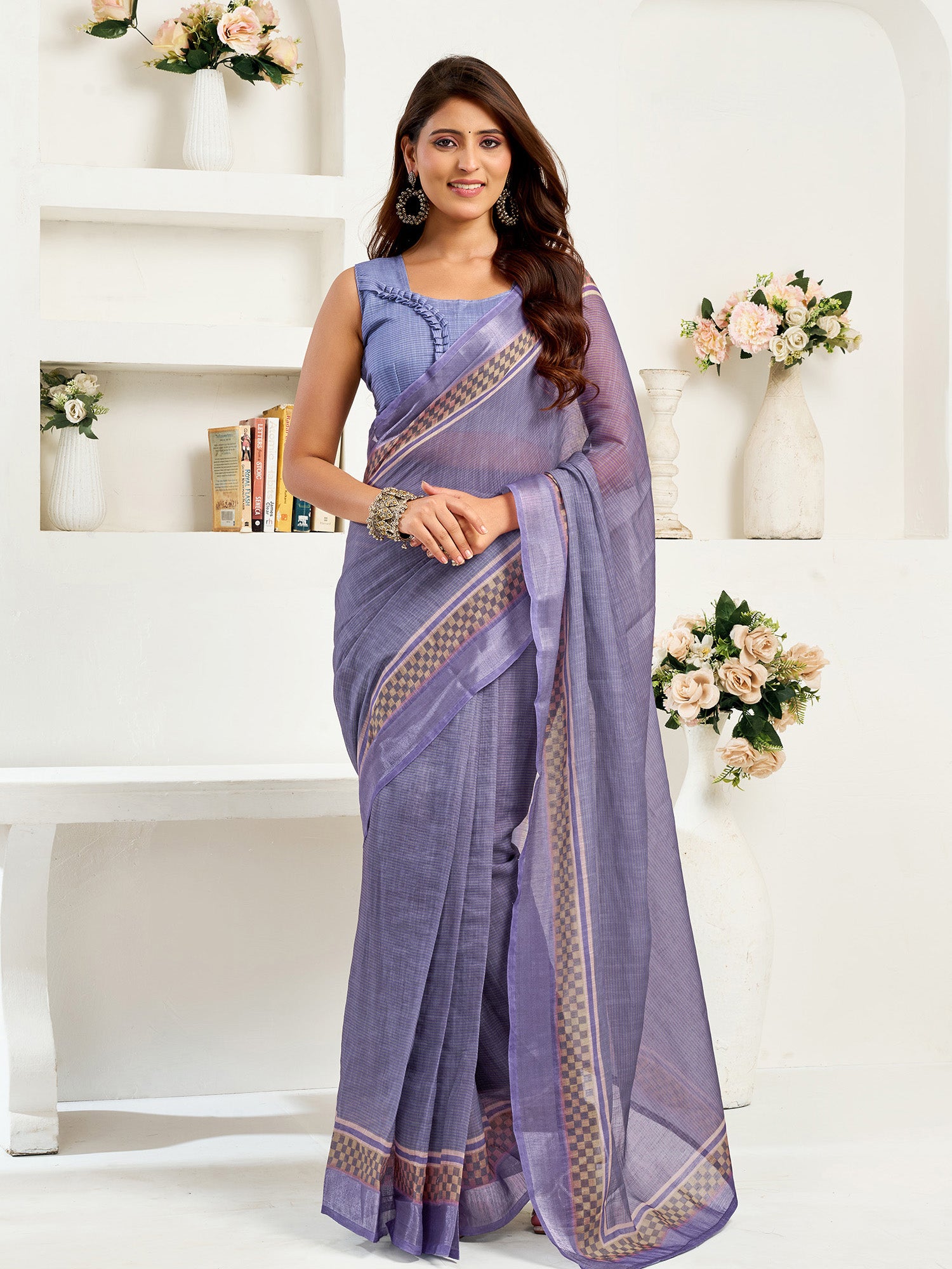Women Lavender Linen Striped Saree
