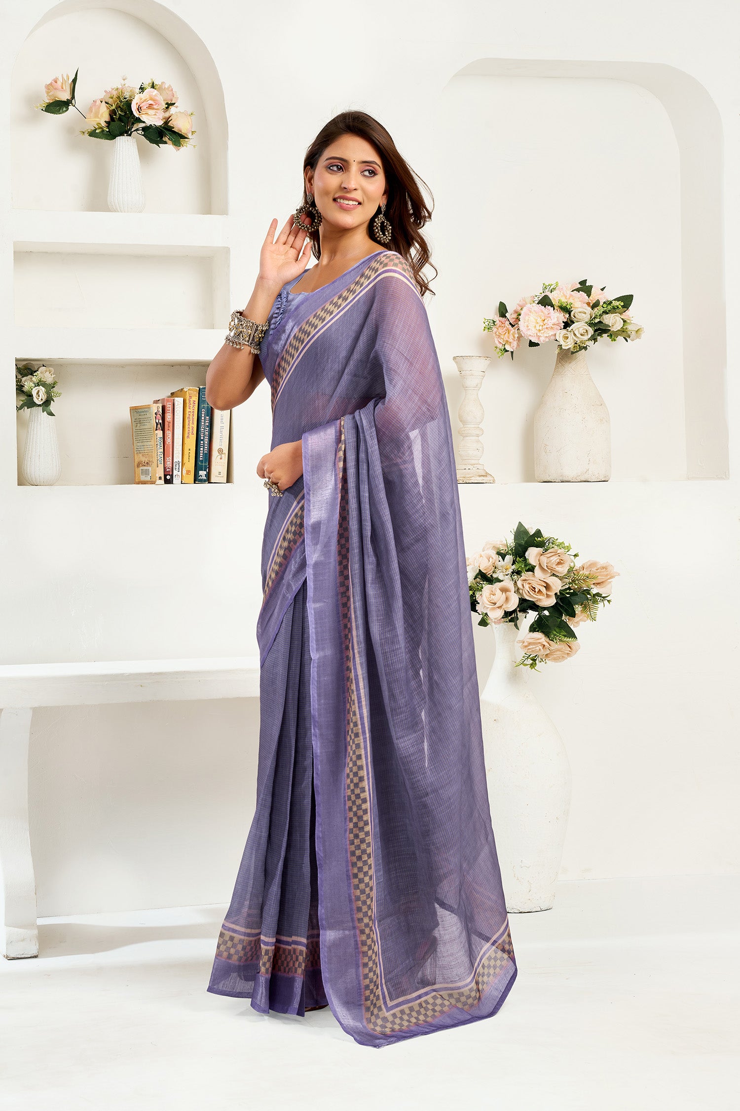 Women Lavender Linen Striped Saree