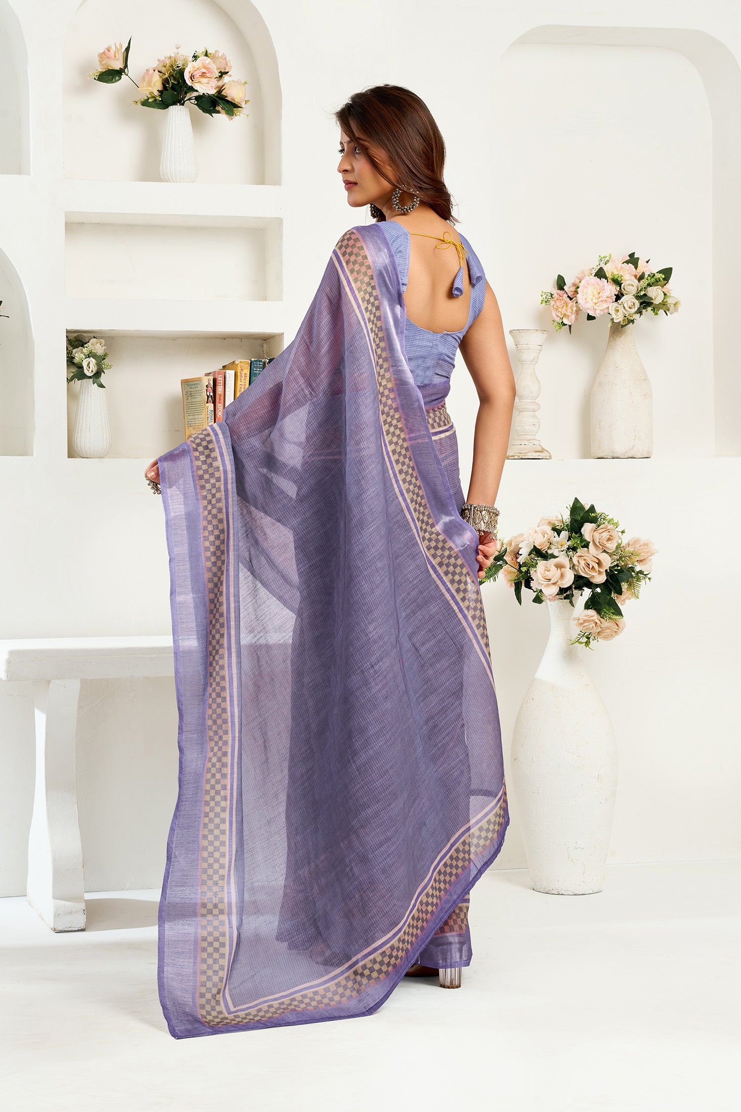 Women Lavender Linen Striped Saree