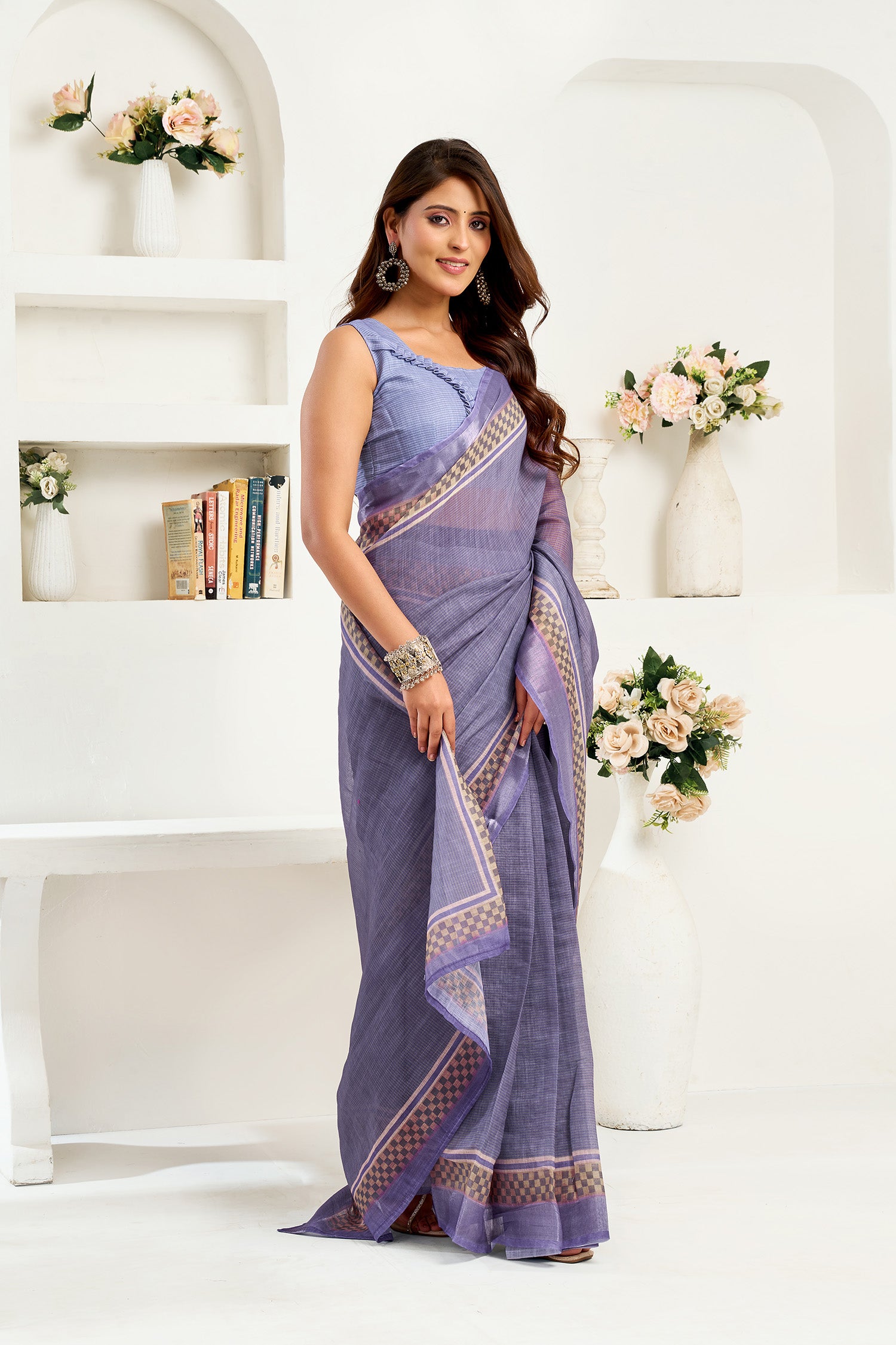 Women Lavender Linen Striped Saree