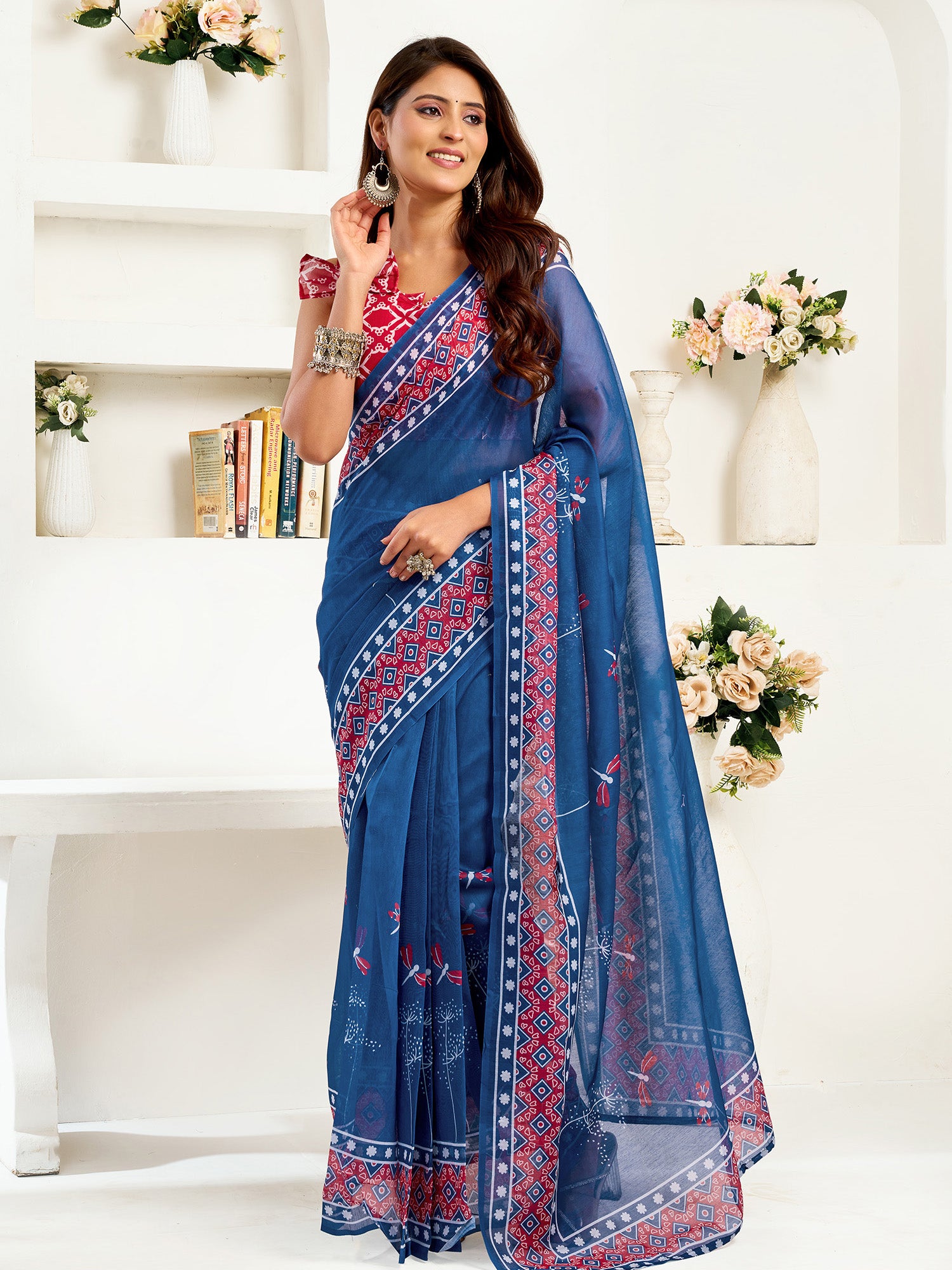 Women Navy Blue Linen Kalamkari & Ajrakh Saree
