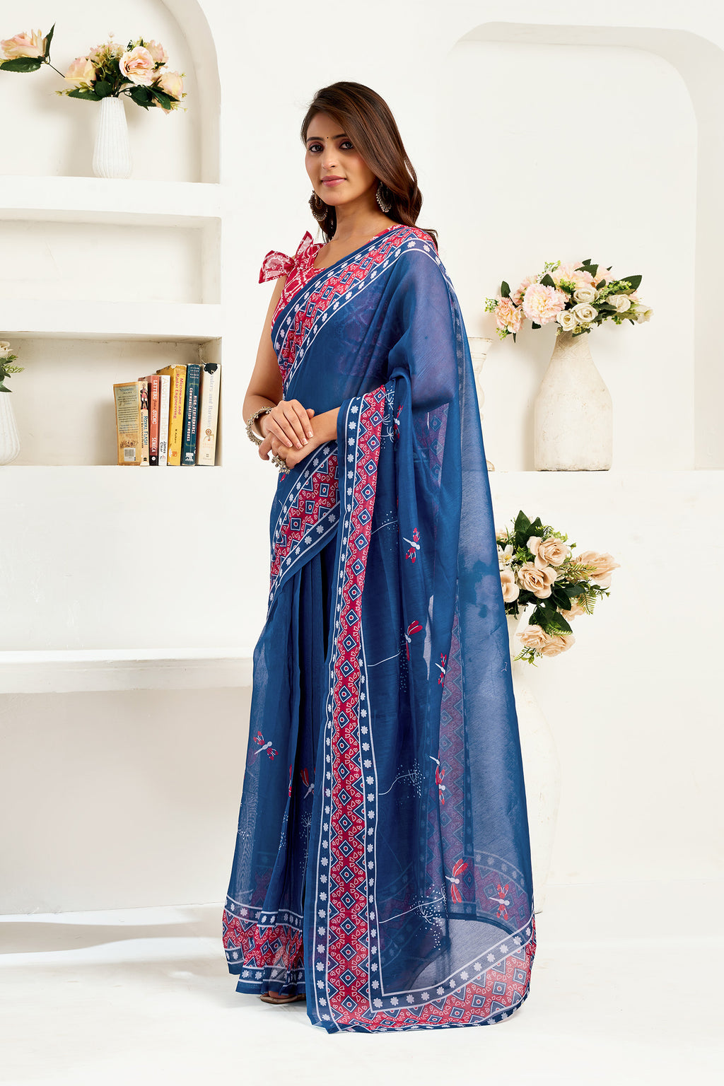 Women Navy Blue Linen Kalamkari & Ajrakh Saree