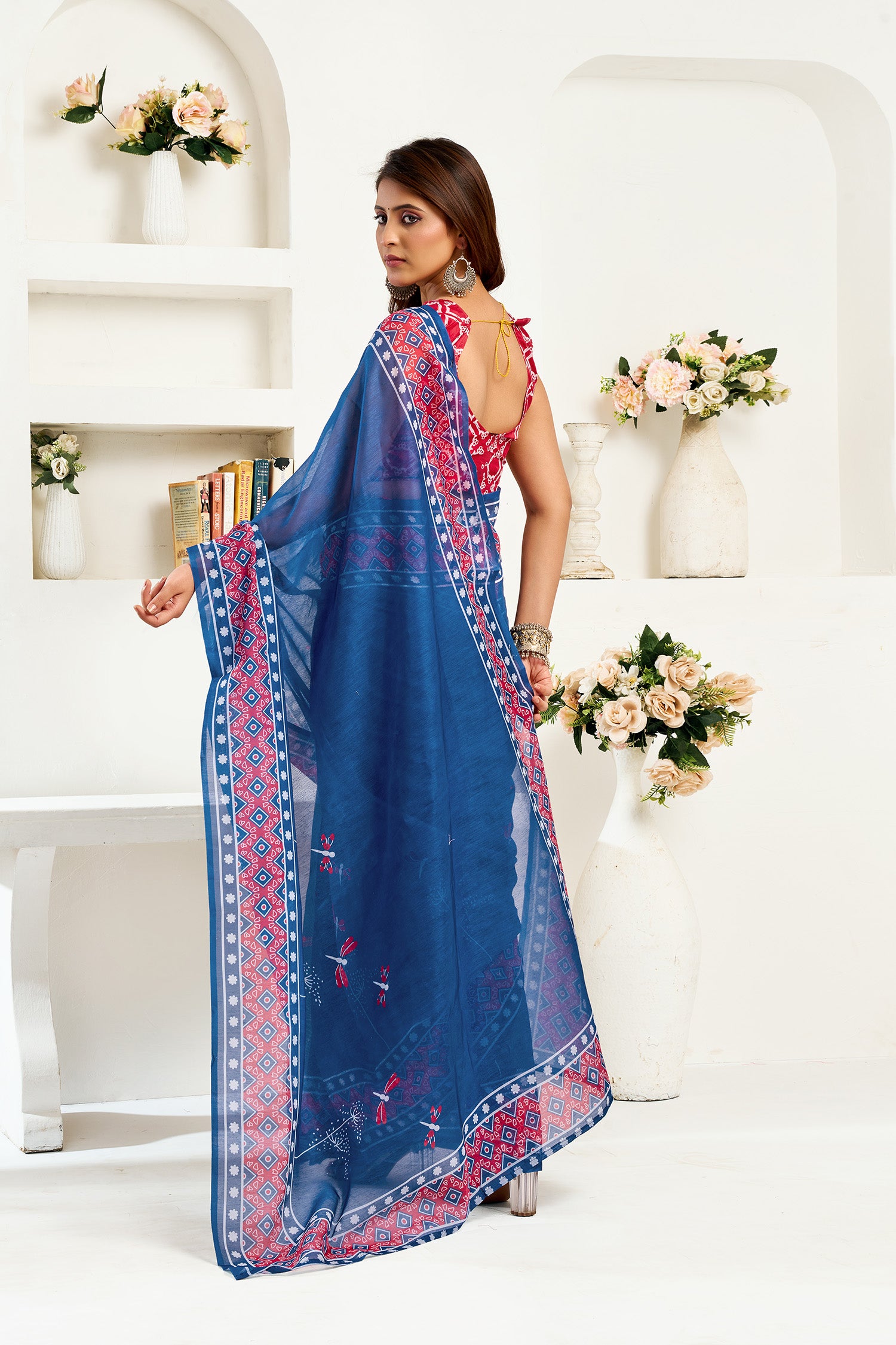 Women Navy Blue Linen Kalamkari & Ajrakh Saree