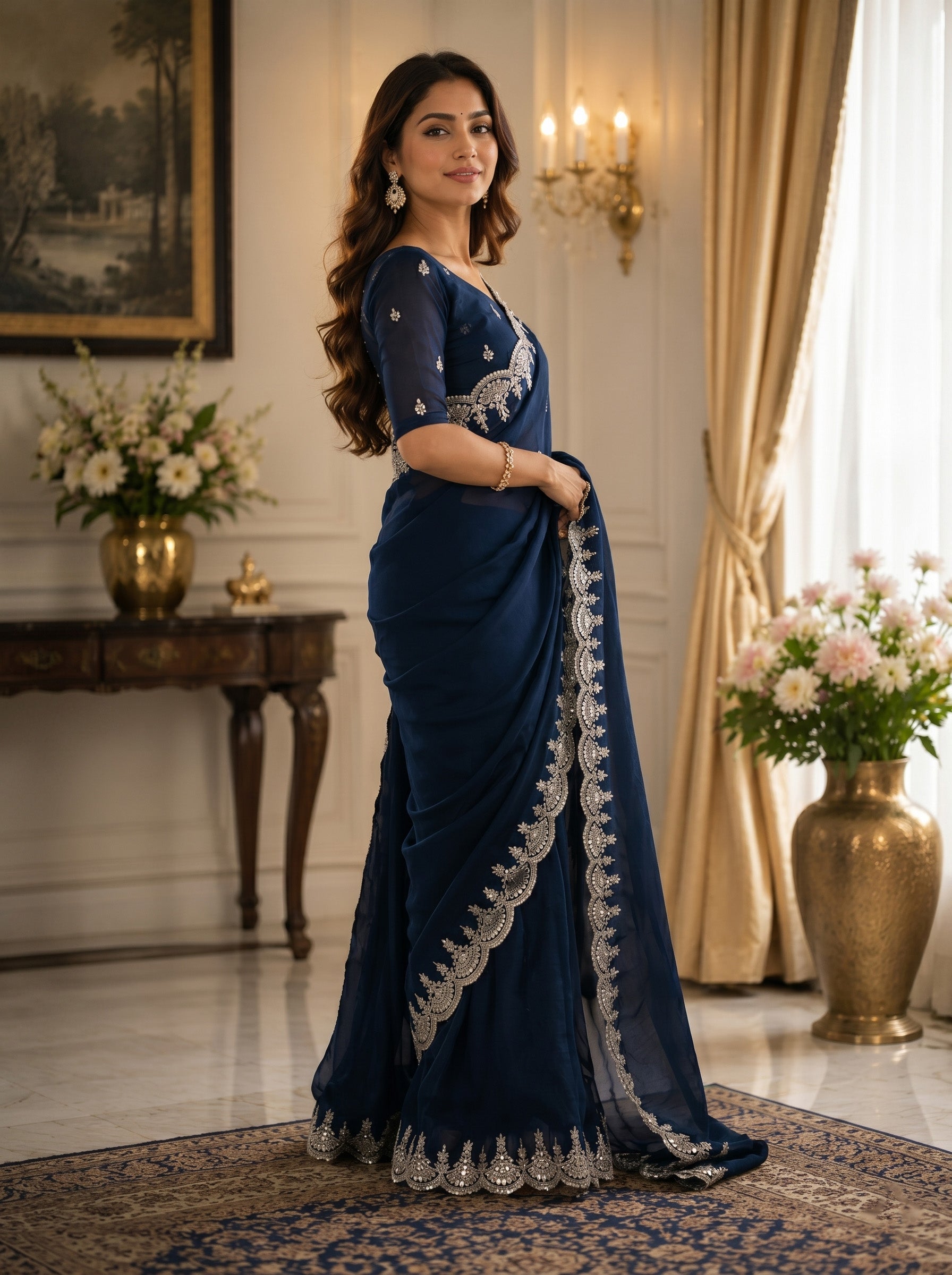 Women Shimmer Chiffon Navy Blue Woven  Saree