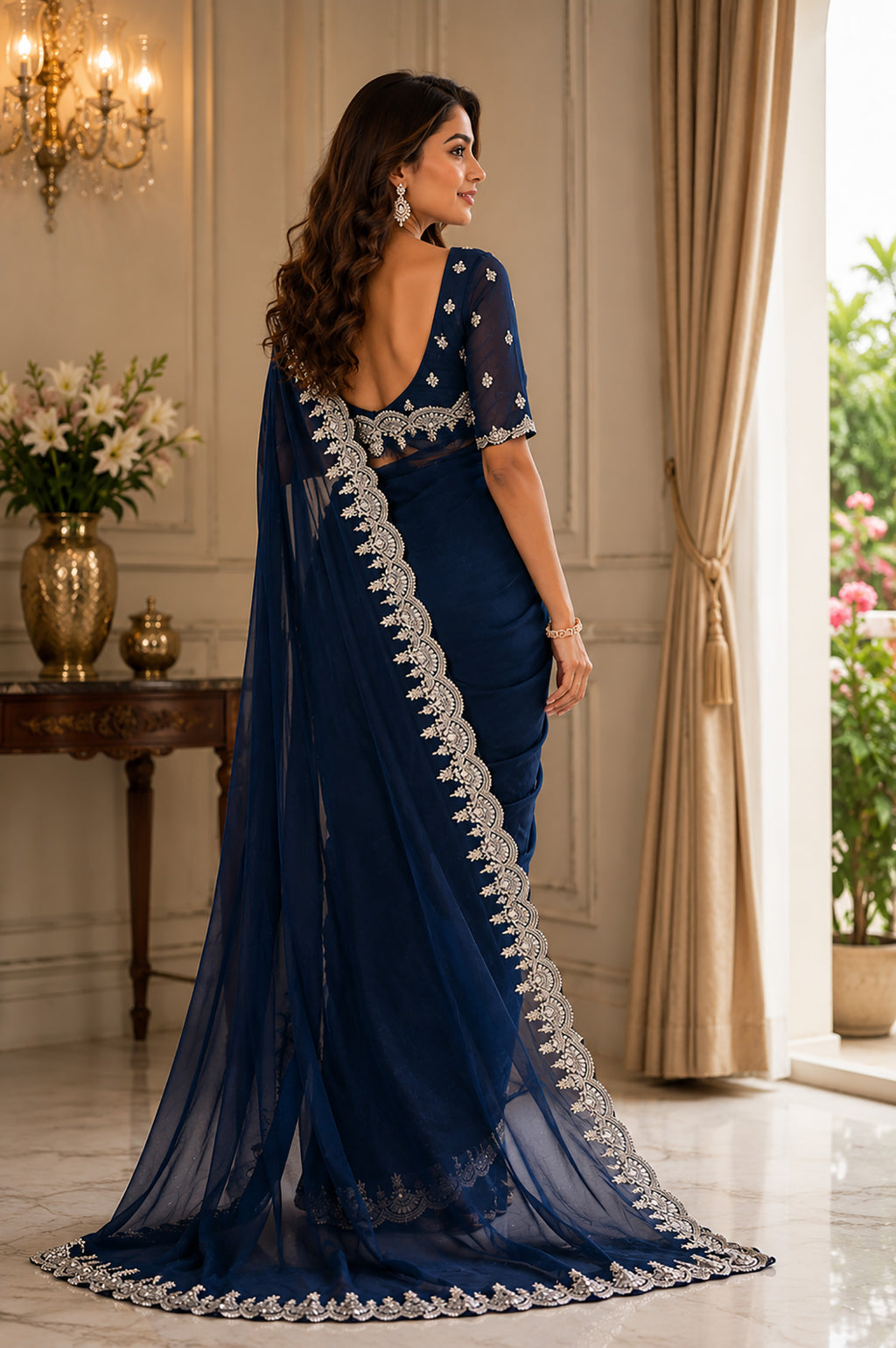 Women Shimmer Chiffon Navy Blue Woven  Saree
