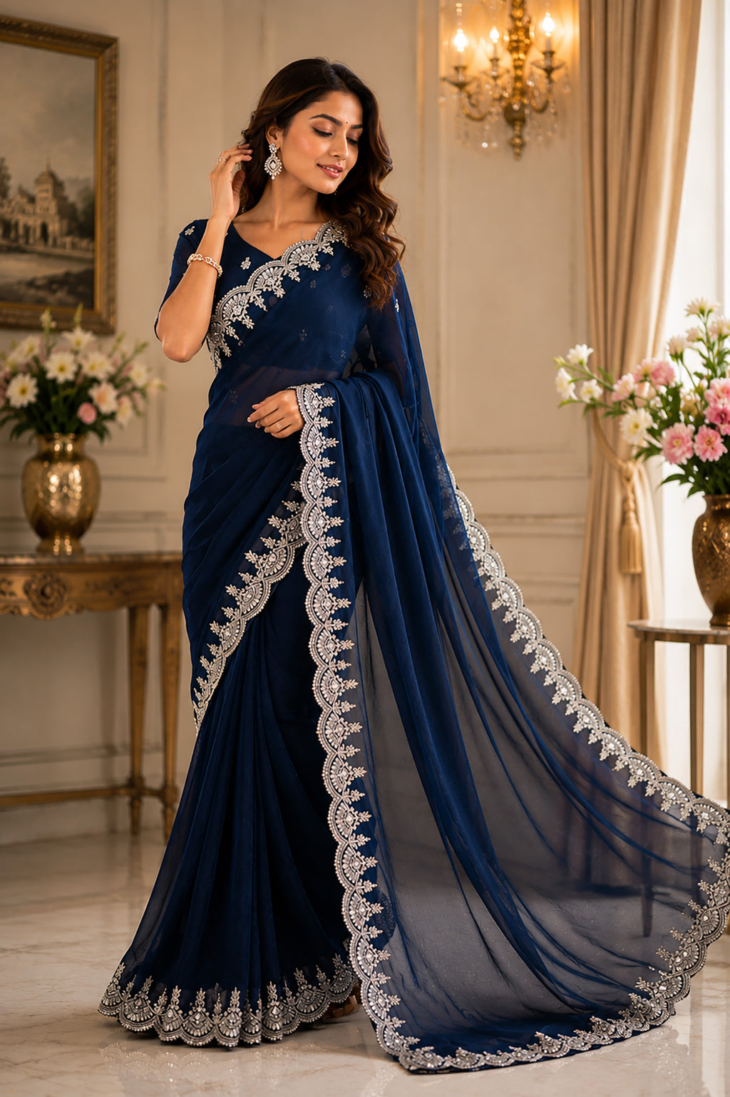 Women Shimmer Chiffon Navy Blue Woven  Saree