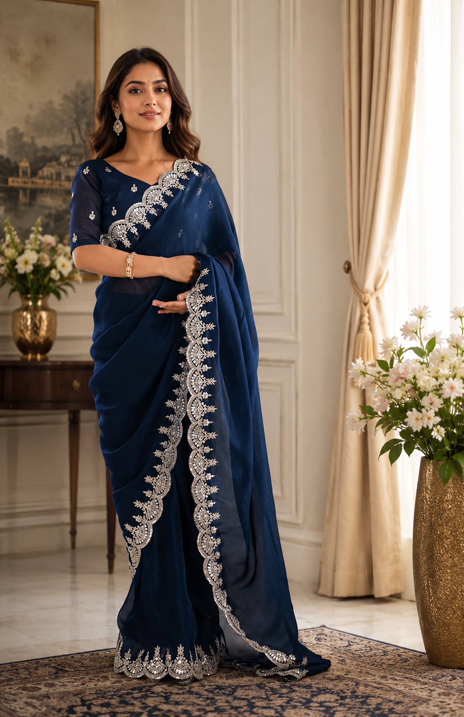 Women Shimmer Chiffon Navy Blue Woven  Saree