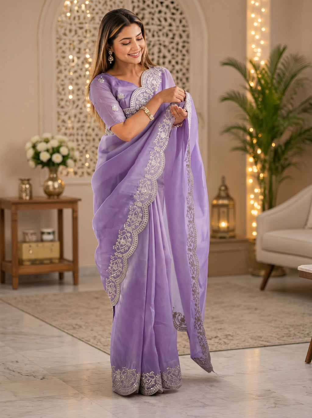Women Shimmer Chiffon Lavender Woven  Saree
