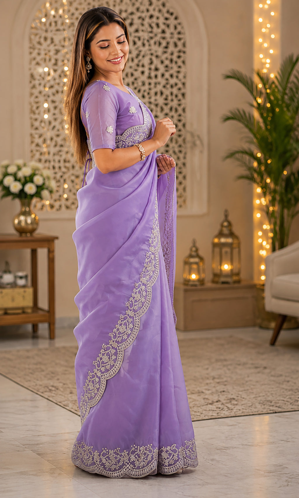 Women Shimmer Chiffon Lavender Woven  Saree