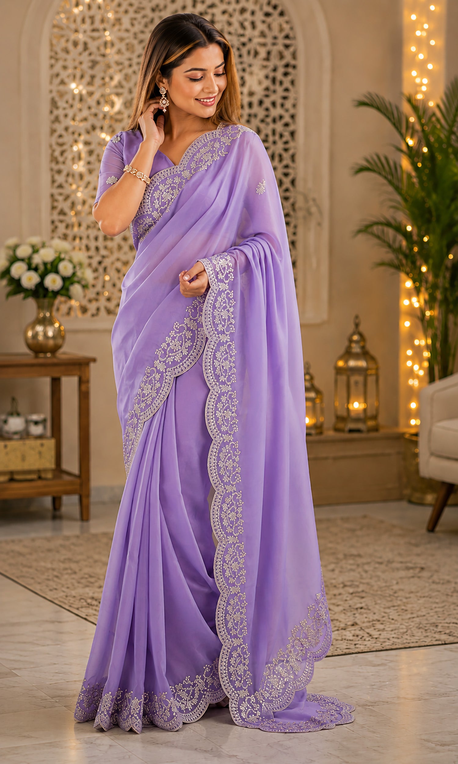 Women Shimmer Chiffon Lavender Woven  Saree