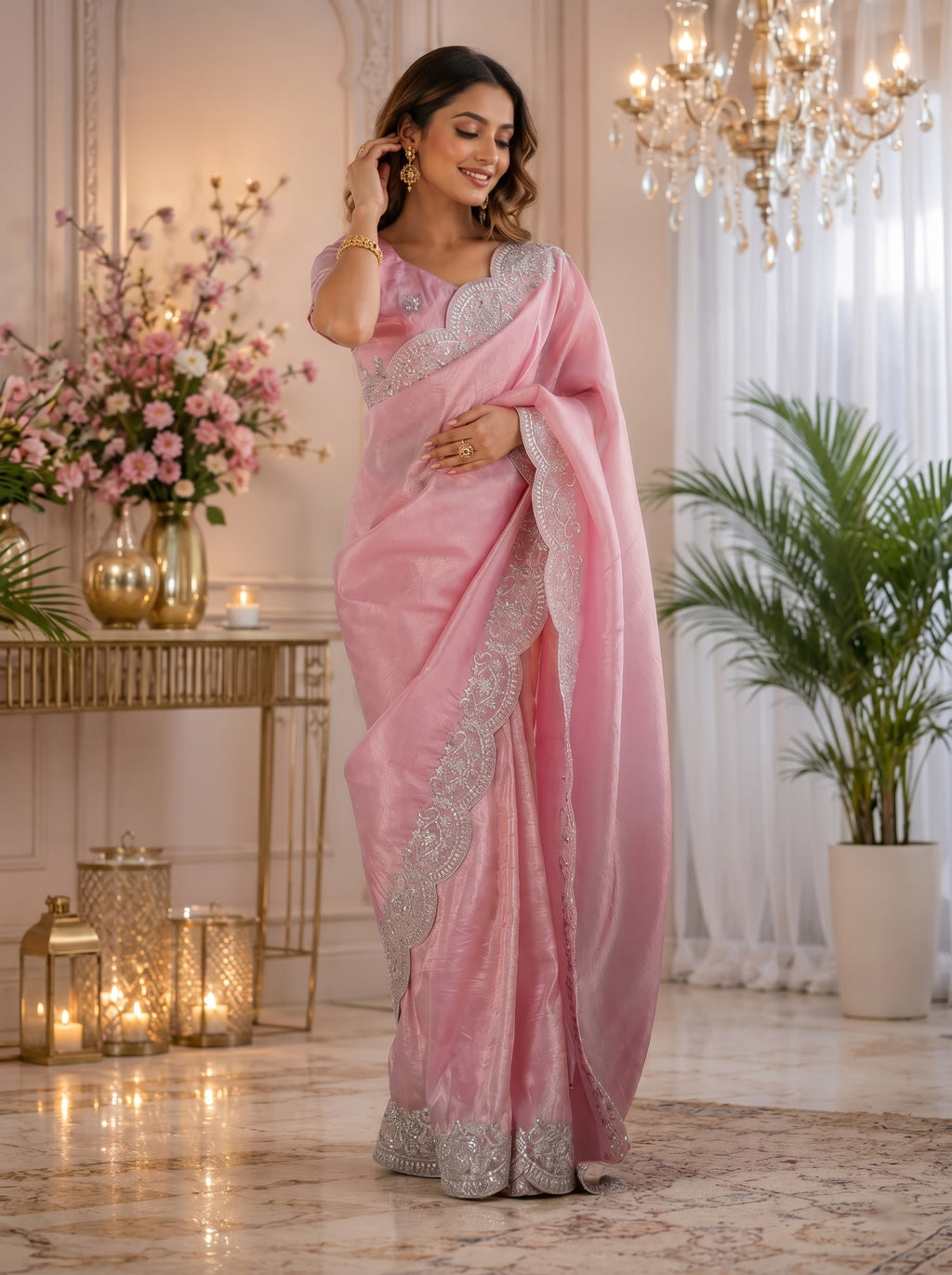 Women Shimmer Chiffon Rich Pink Woven  Saree
