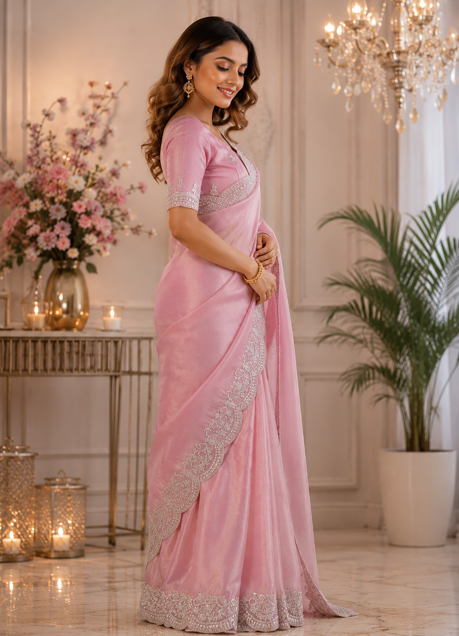 Women Shimmer Chiffon Rich Pink Woven  Saree