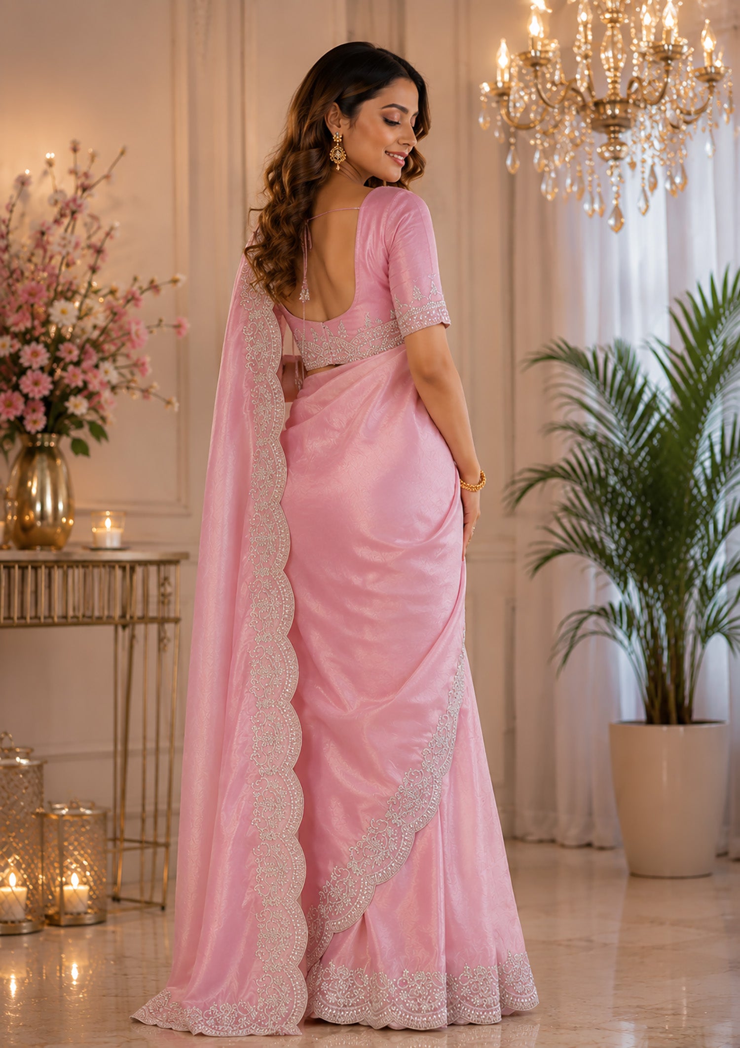 Women Shimmer Chiffon Rich Pink Woven  Saree
