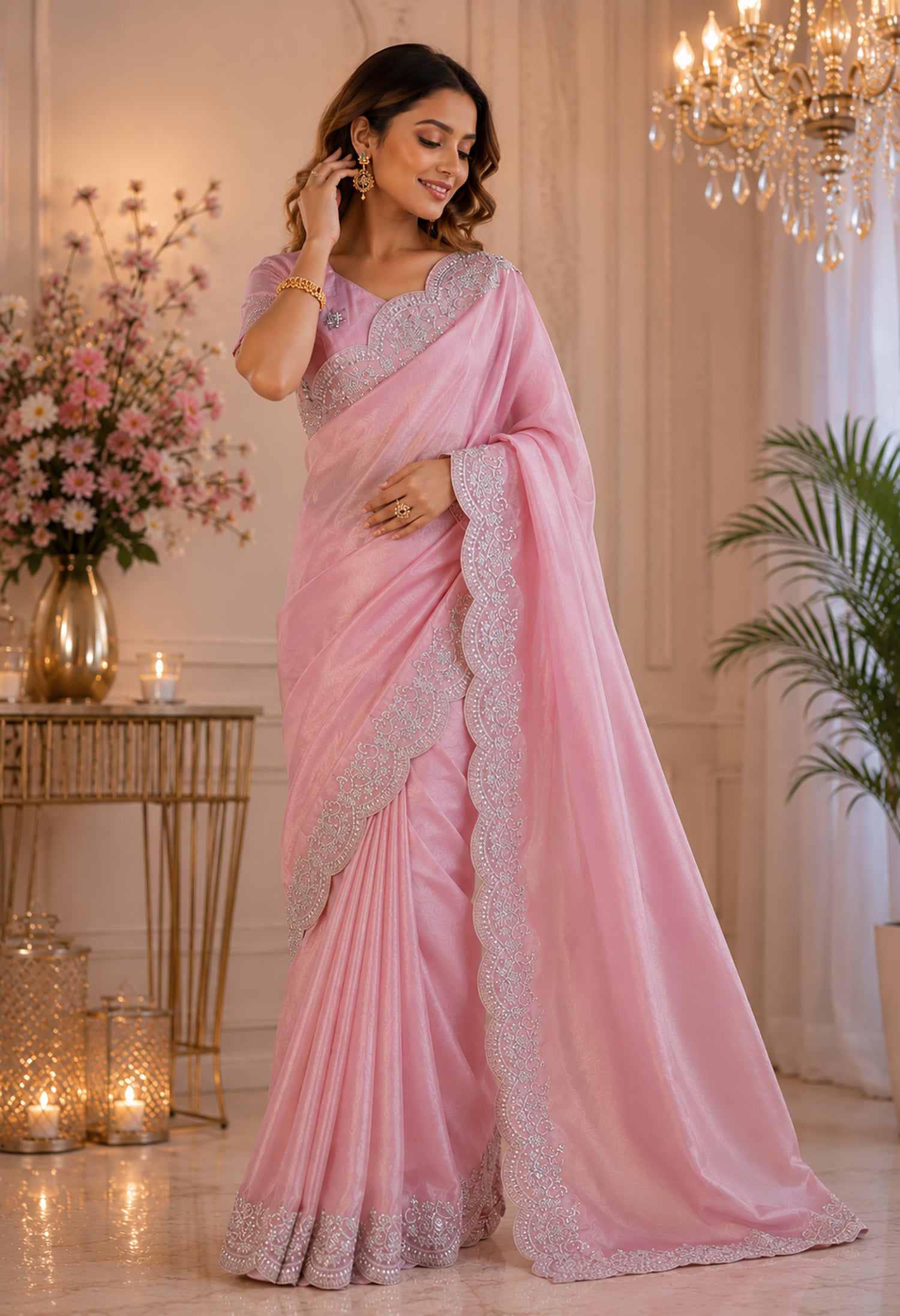 Women Shimmer Chiffon Rich Pink Woven  Saree