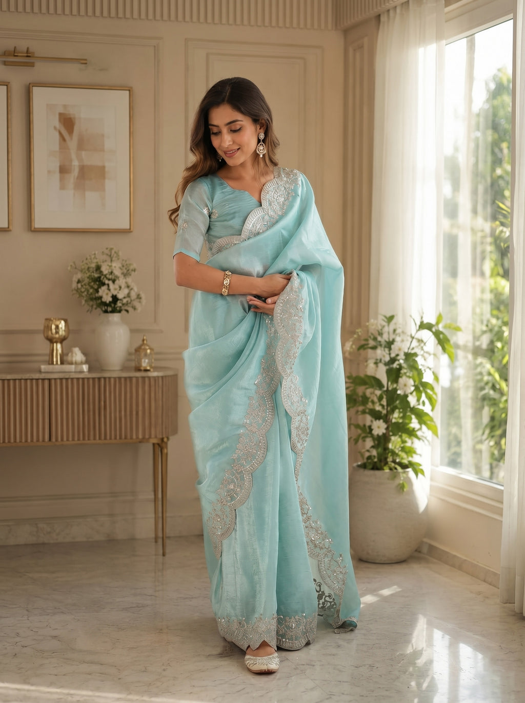Women Shimmer Chiffon Pastel Blue Woven  Saree