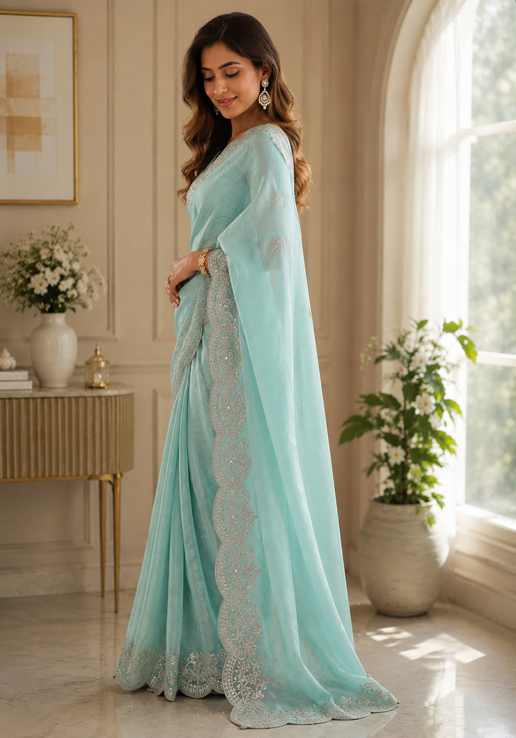 Women Shimmer Chiffon Pastel Blue Woven  Saree