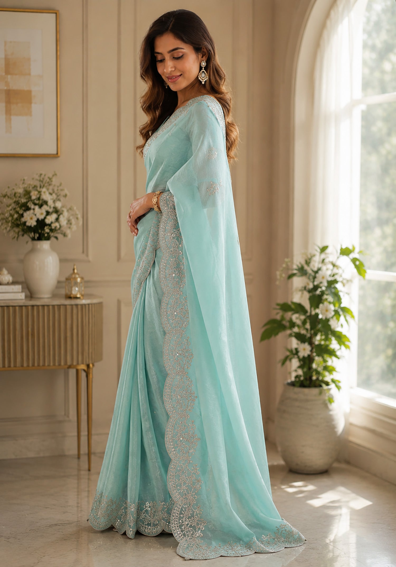Women Shimmer Chiffon Pastel Blue Woven  Saree