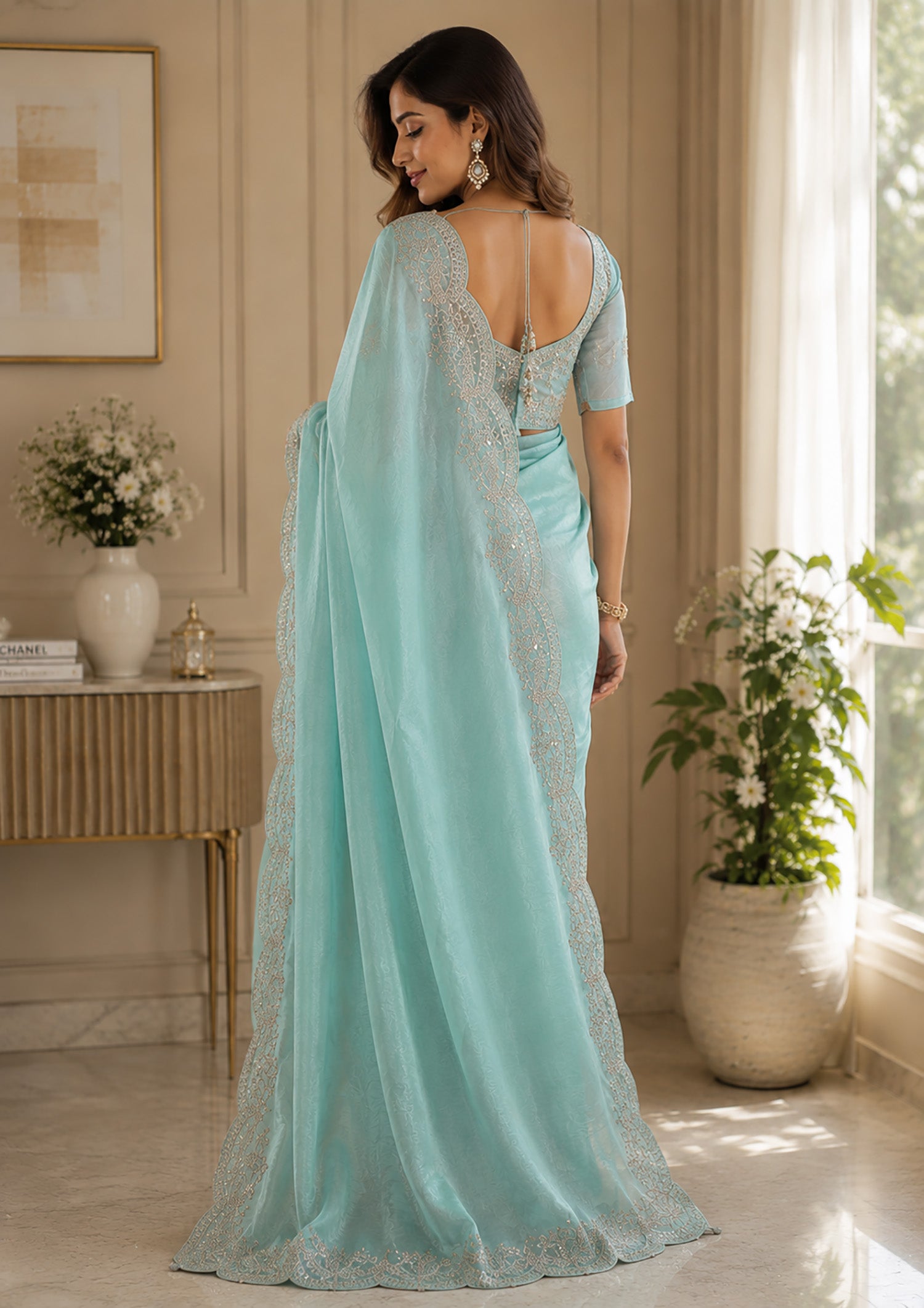 Women Shimmer Chiffon Pastel Blue Woven  Saree