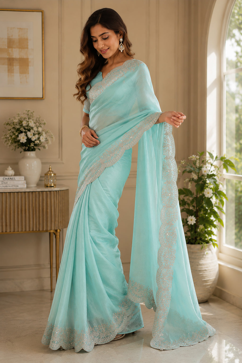 Women Shimmer Chiffon Pastel Blue Woven  Saree