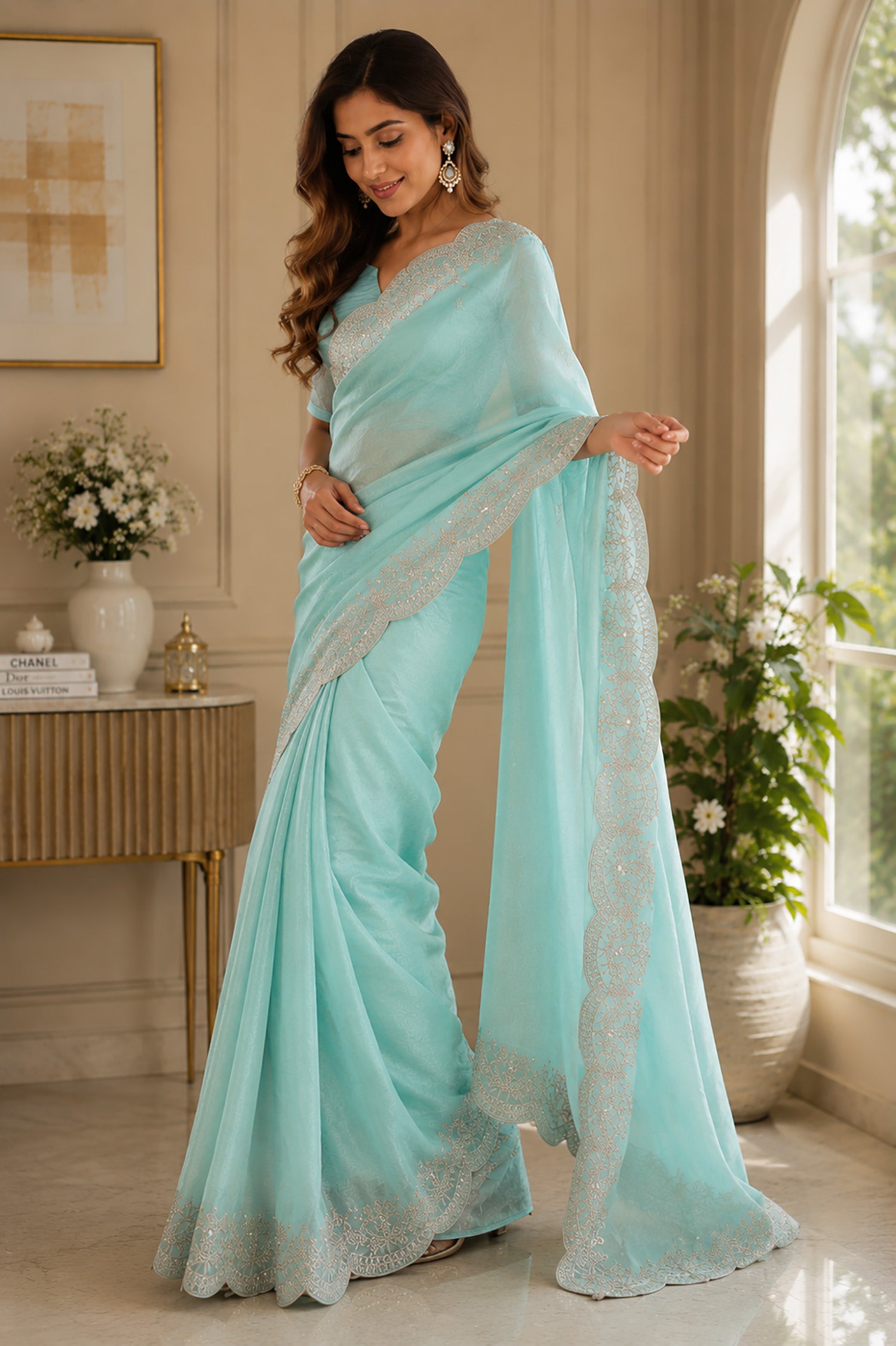 Women Shimmer Chiffon Pastel Blue Woven  Saree