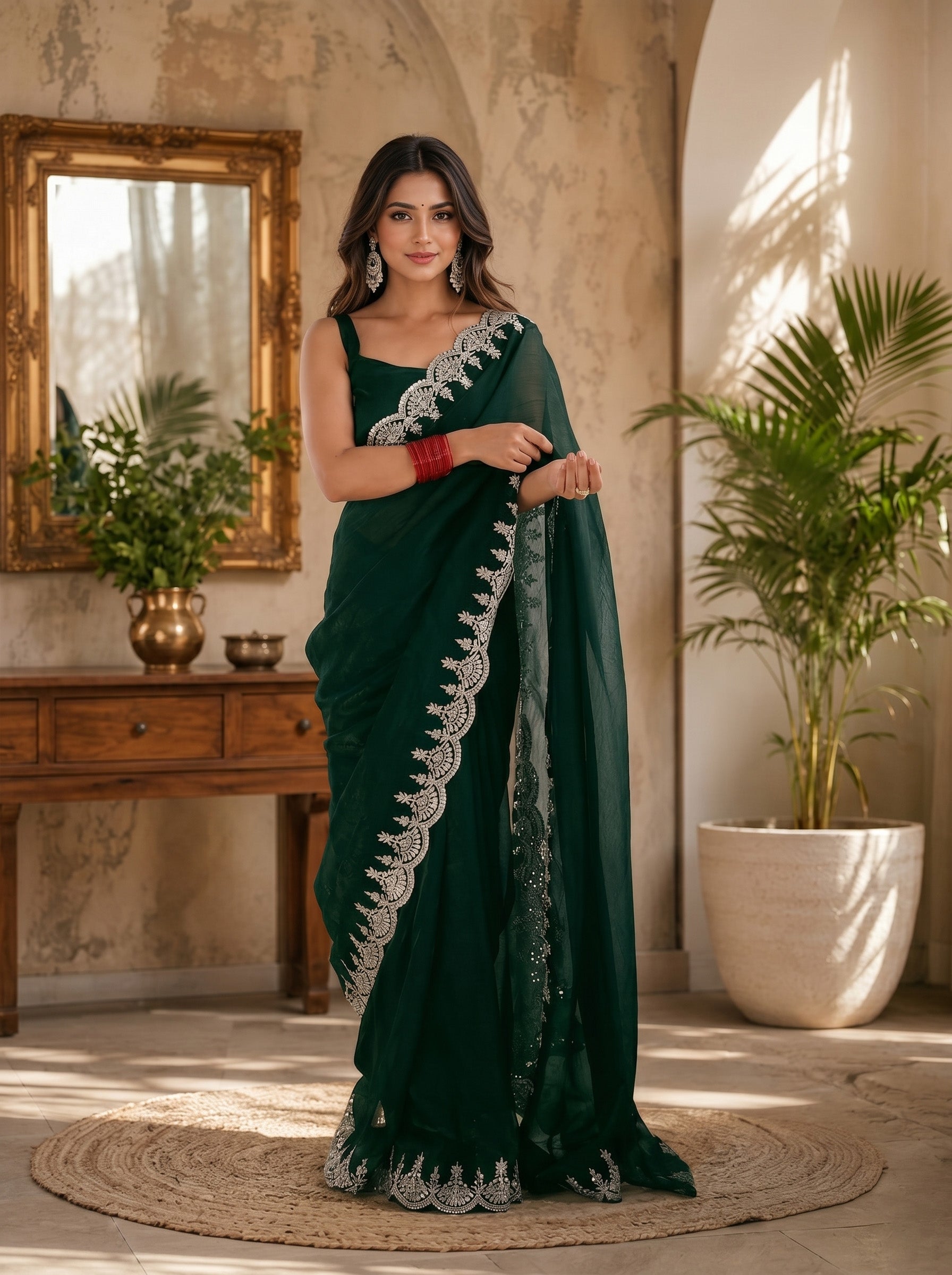 Women Shimmer Chiffon Emerald Green Woven  Saree