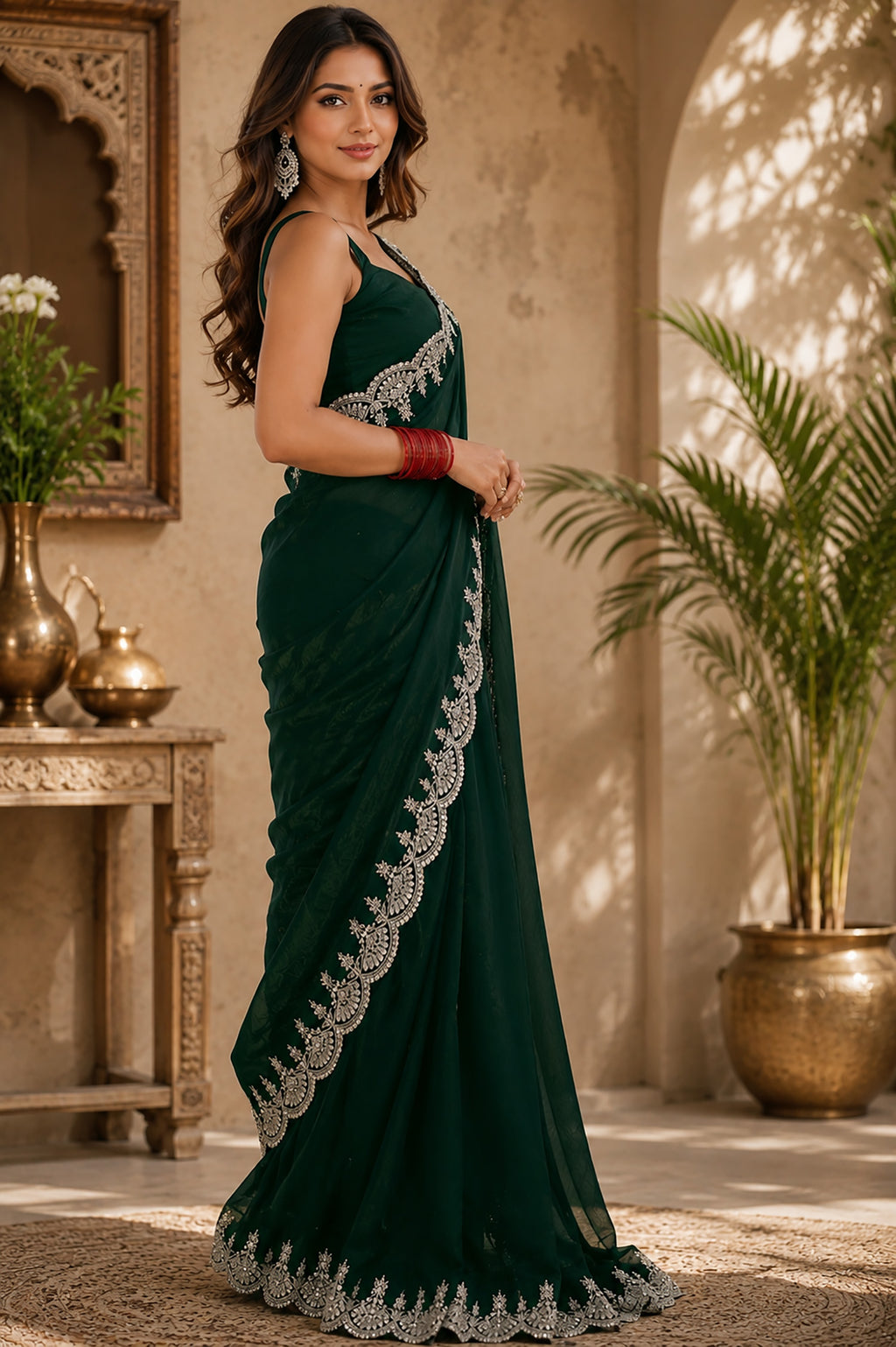 Women Shimmer Chiffon Emerald Green Woven  Saree