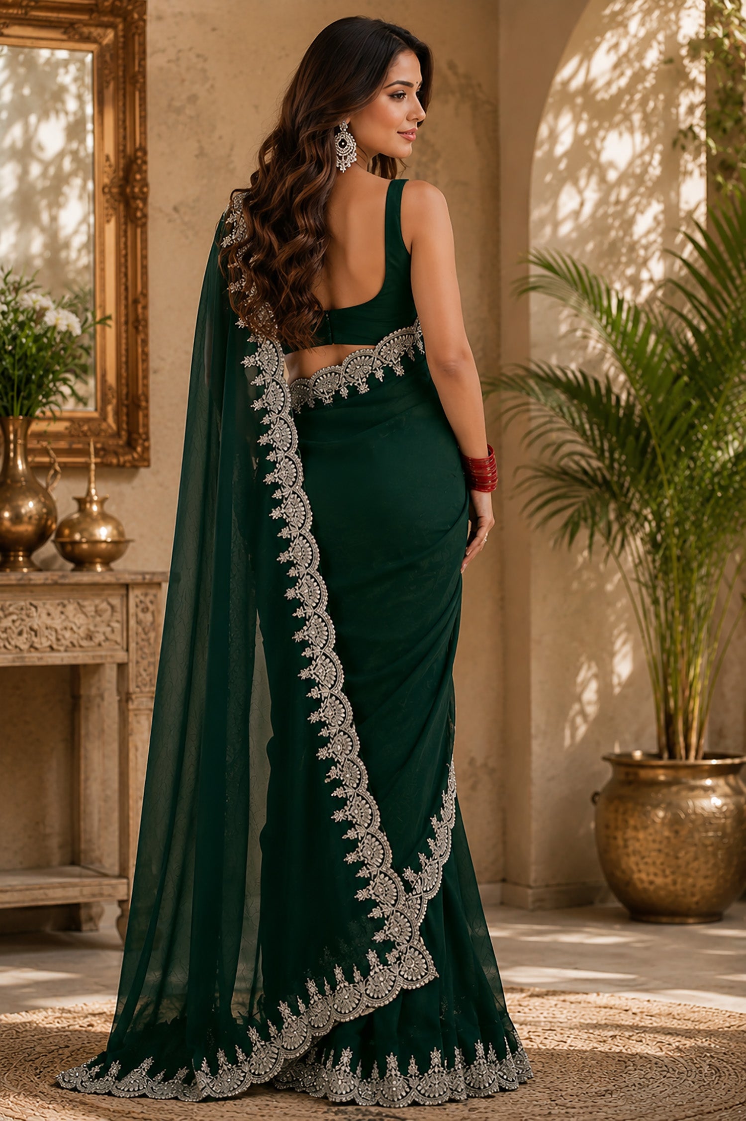 Women Shimmer Chiffon Emerald Green Woven  Saree