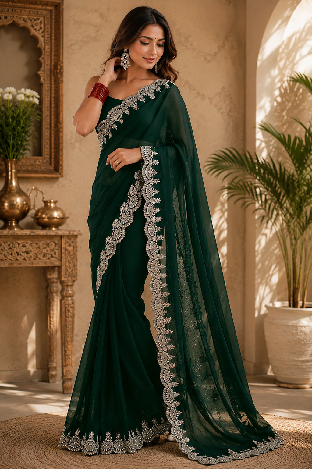 Women Shimmer Chiffon Emerald Green Woven  Saree