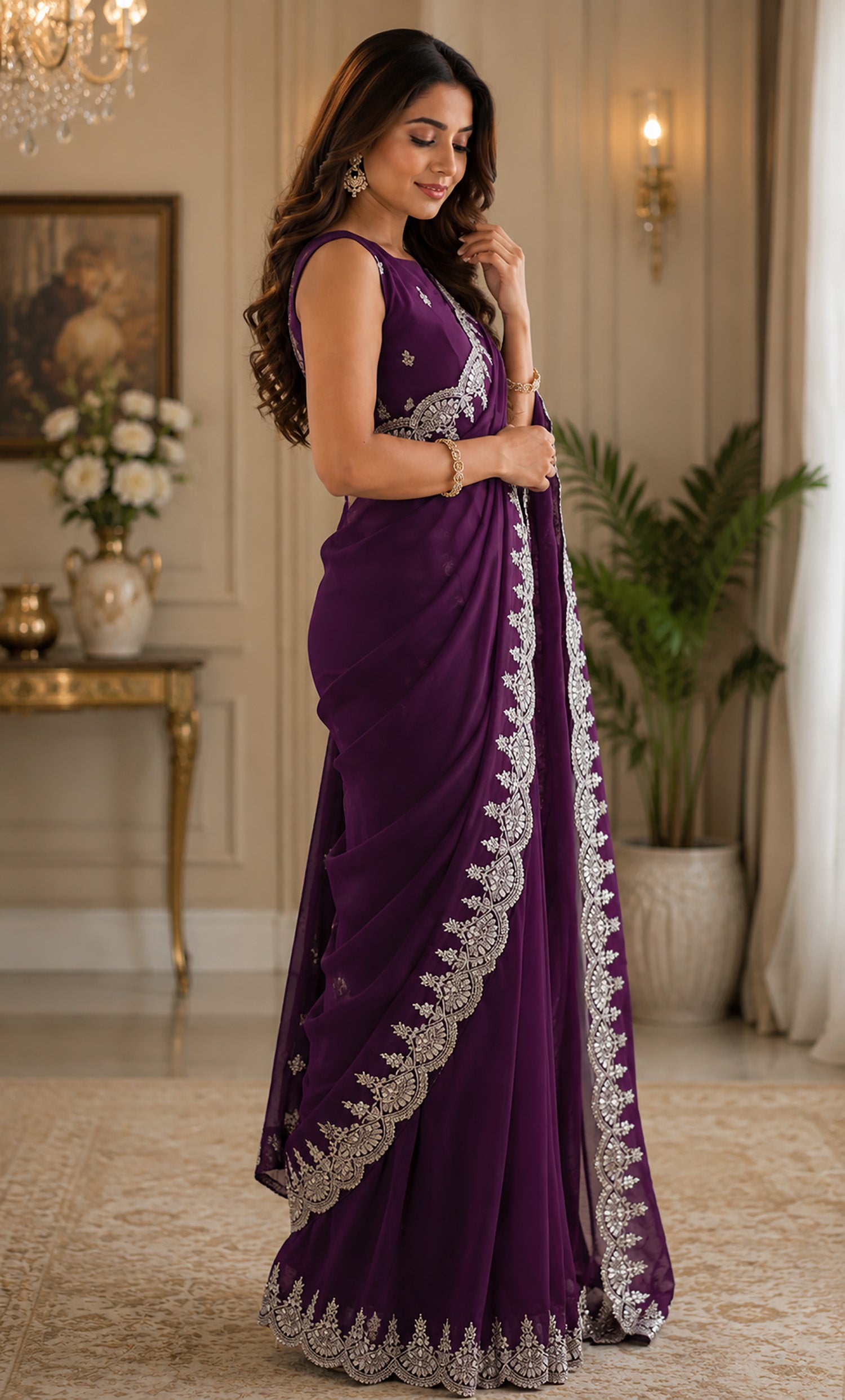 Women Shimmer Chiffon Wine Woven  Saree