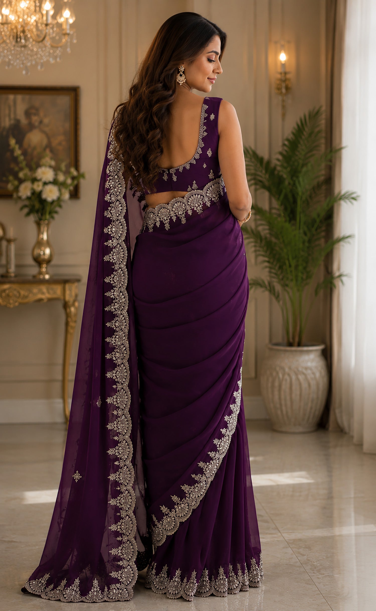 Women Shimmer Chiffon Wine Woven  Saree