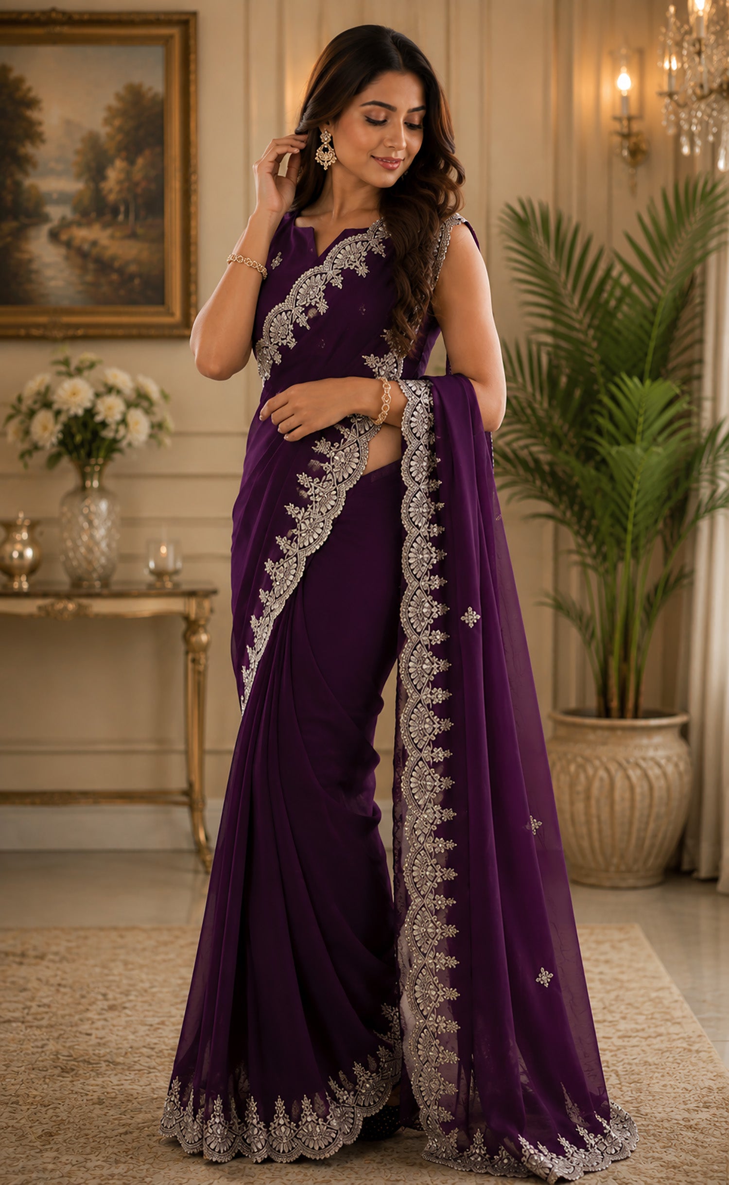 Women Shimmer Chiffon Wine Woven  Saree