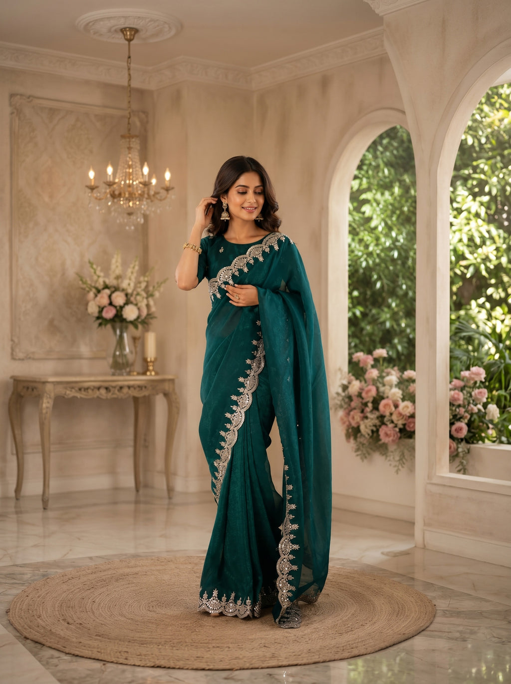 Women Shimmer Chiffon Teal Green Woven  Saree