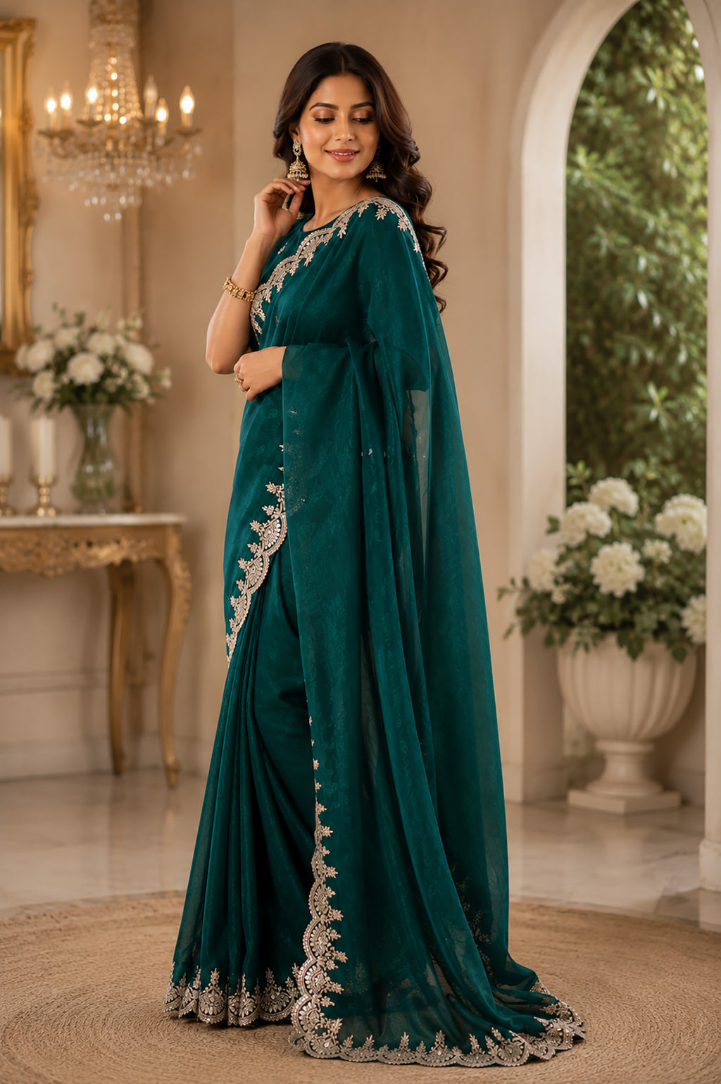Women Shimmer Chiffon Teal Green Woven  Saree