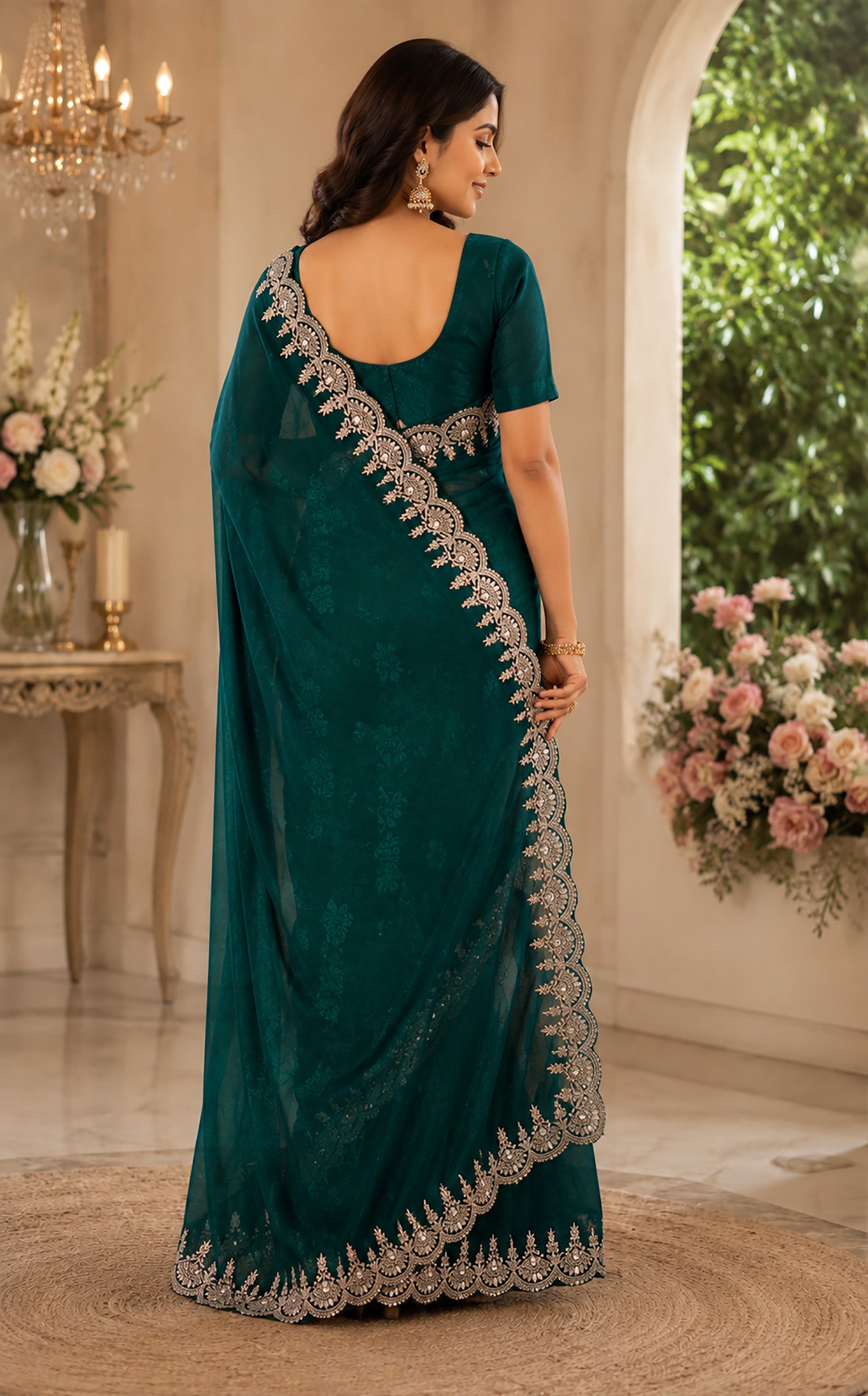 Women Shimmer Chiffon Teal Green Woven  Saree