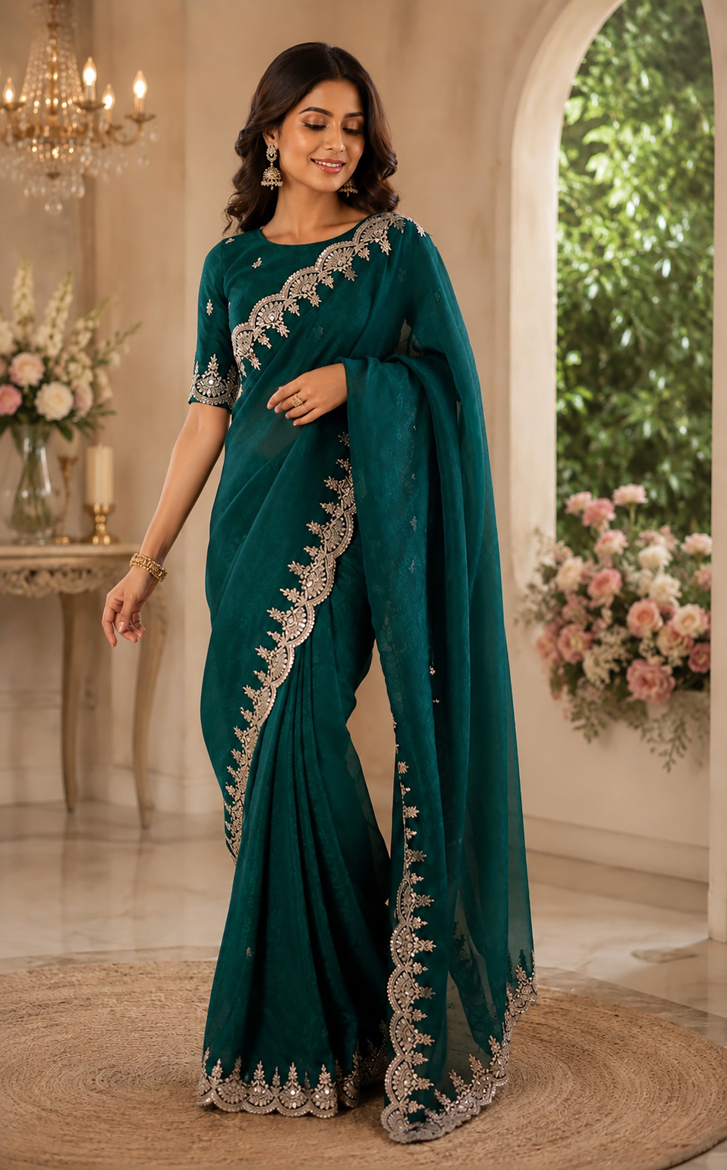 Women Shimmer Chiffon Teal Green Woven  Saree