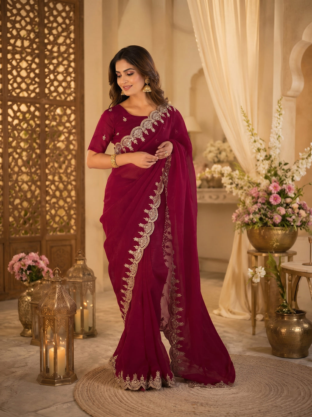 Women Shimmer Chiffon Maroon Woven  Saree