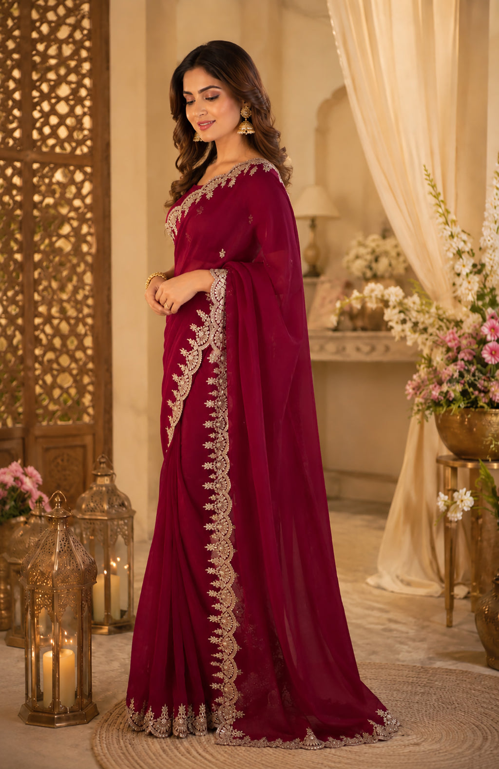Women Shimmer Chiffon Maroon Woven  Saree