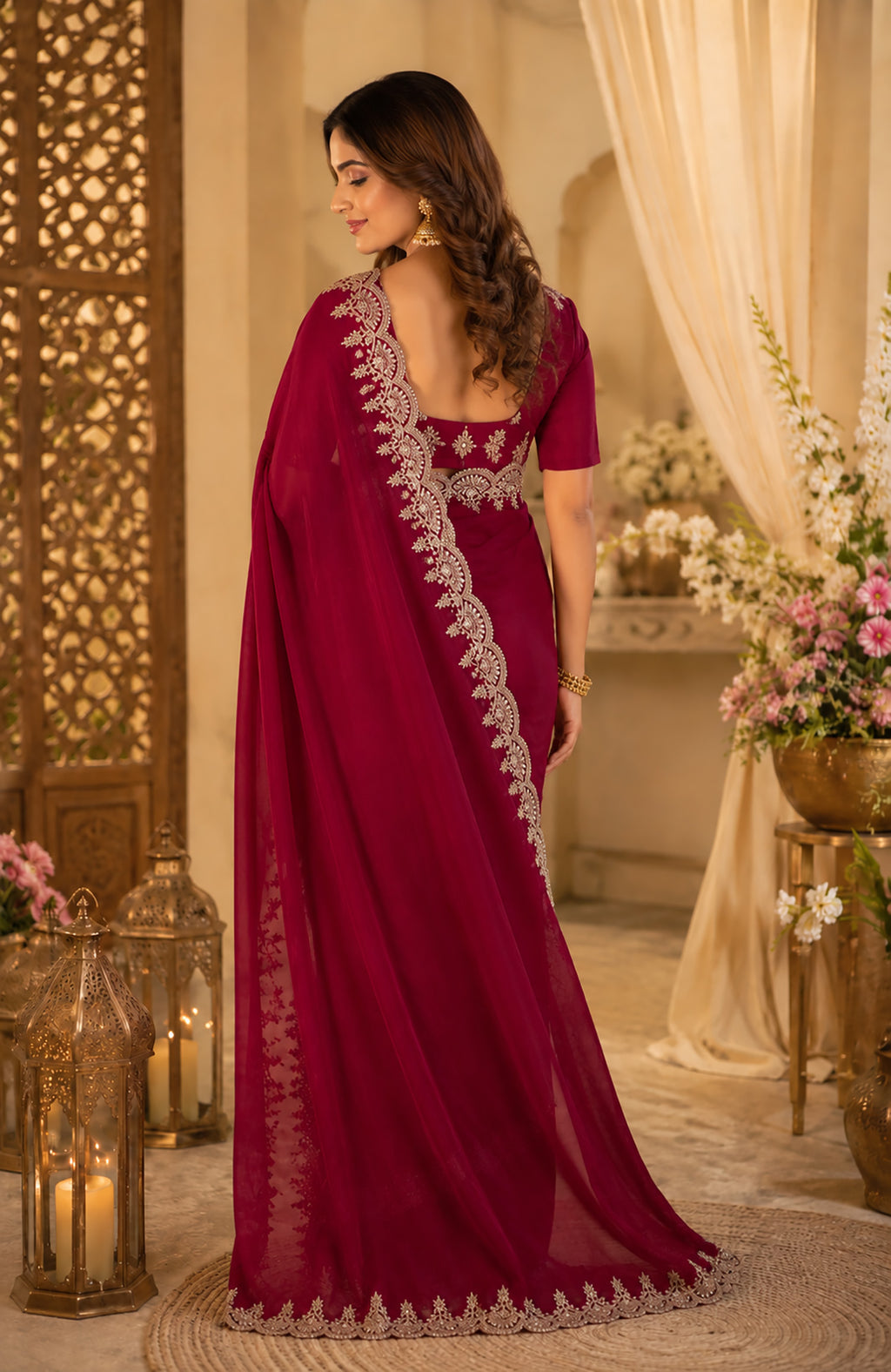 Women Shimmer Chiffon Maroon Woven  Saree