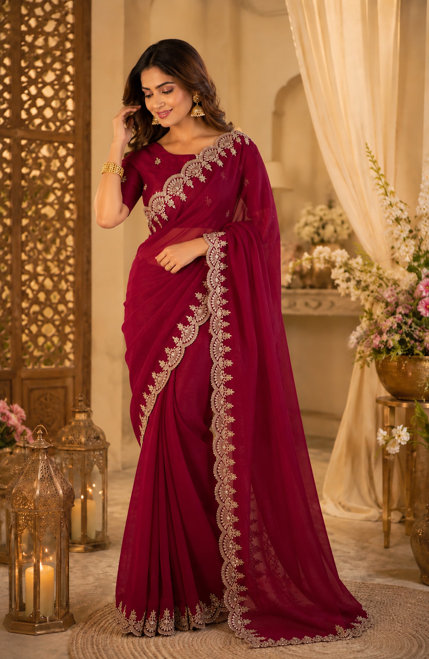 Women Shimmer Chiffon Maroon Woven  Saree
