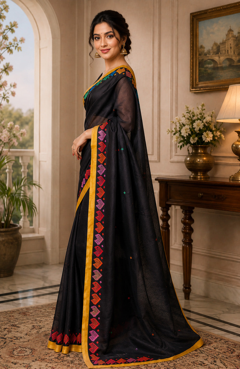 Women Chanderi Cotton Black Woven  Saree