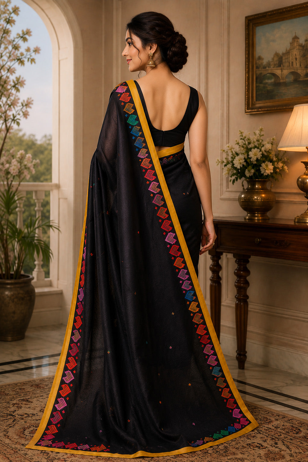 Women Chanderi Cotton Black Woven  Saree