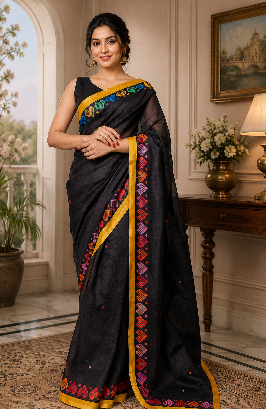 Women Chanderi Cotton Black Woven  Saree