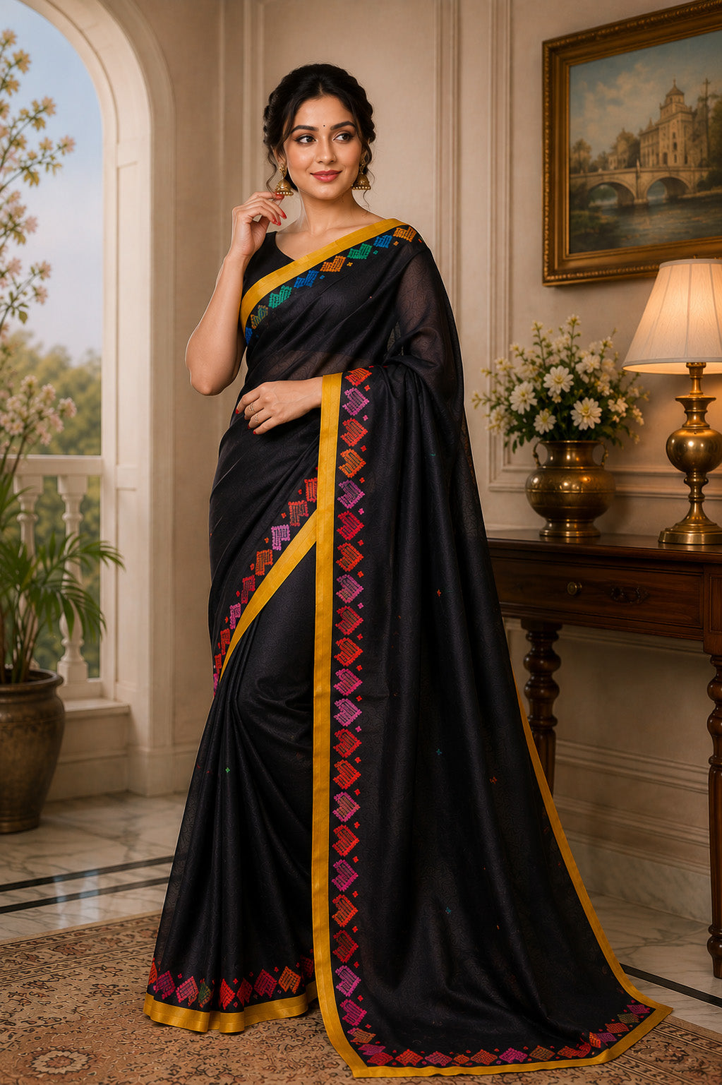 Women Chanderi Cotton Black Woven  Saree