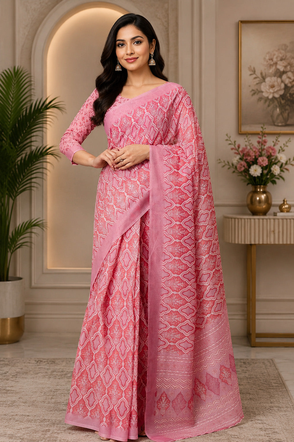 Women Chanderi Cotton Rose Pink Woven  Saree