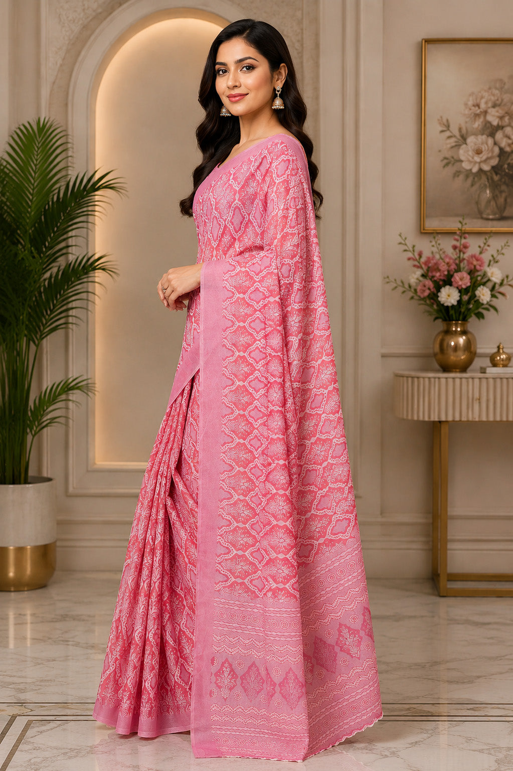 Women Chanderi Cotton Rose Pink Woven  Saree
